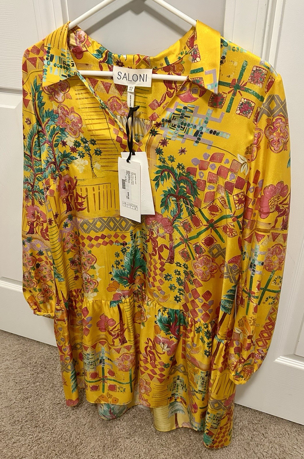 Vintage 2001 Saloni 100% Silk Twill Dress UK10 US6 NWT Yellow/Orange 10357
