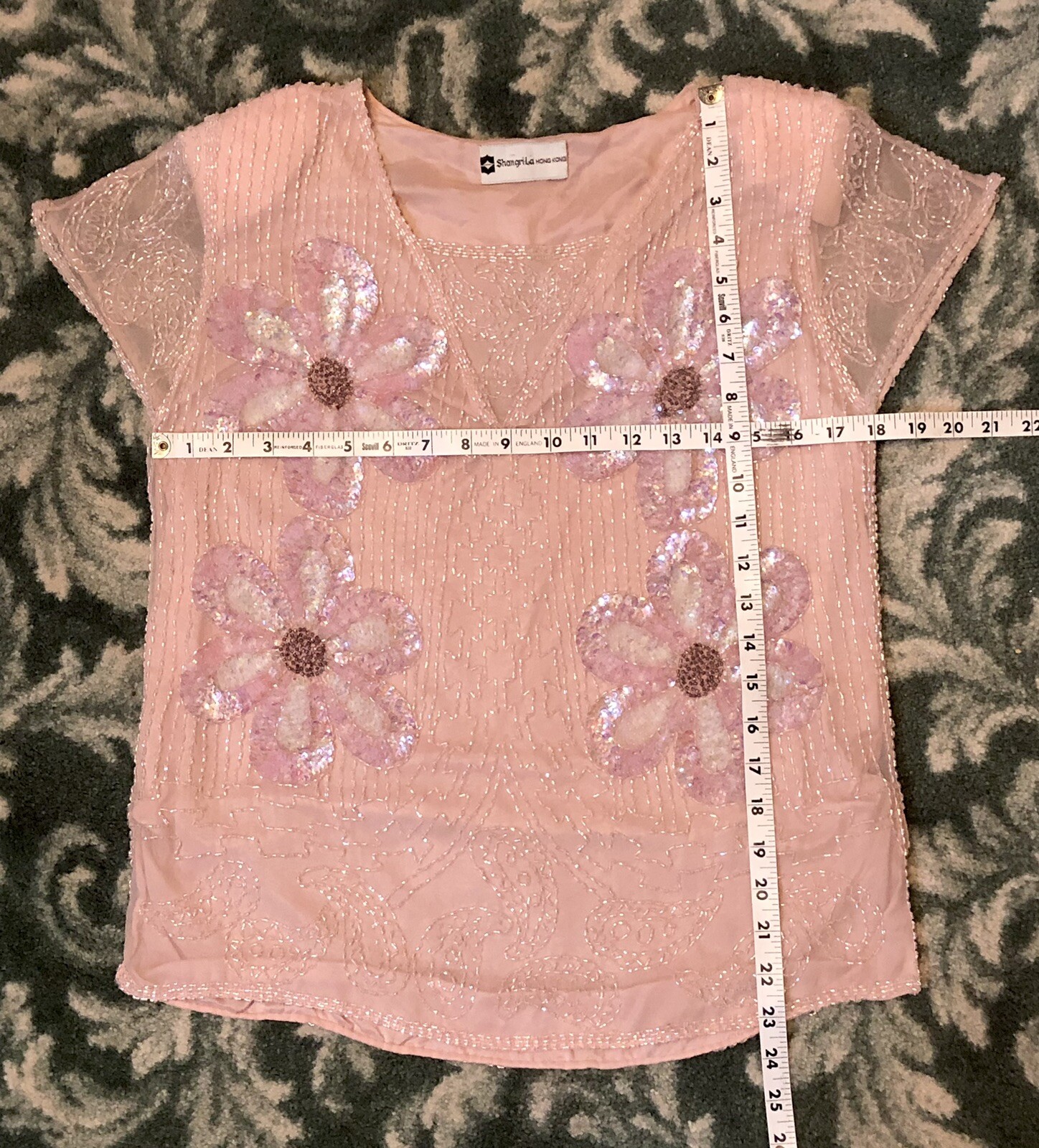 Vintage Beaded PINK Sequins Silk Women’s Shangri-La Hong Kong Shirt Blouse Top M