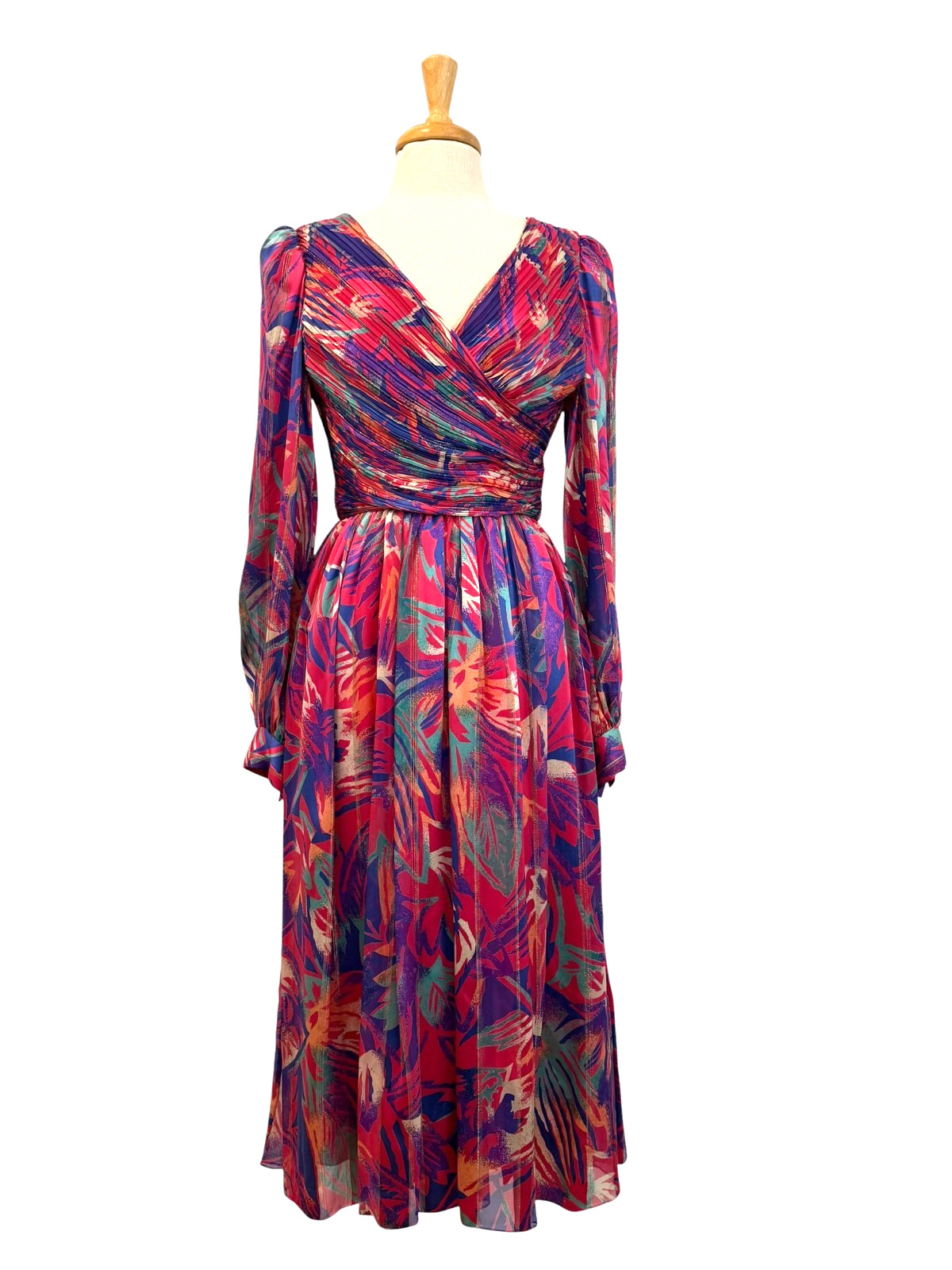 Vintage Morton Myles Pink Abstract Metallic Silk Floral Cocktail Party Dress