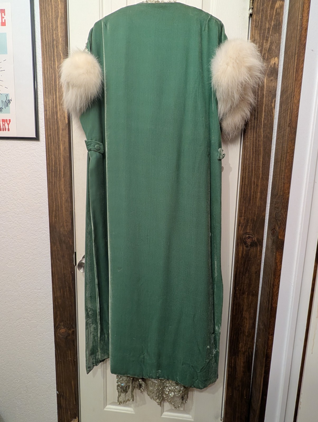 Vintage Handmade Green Beaded Evening Gown Size 0 w/ Coat Fur Accessories AS IS