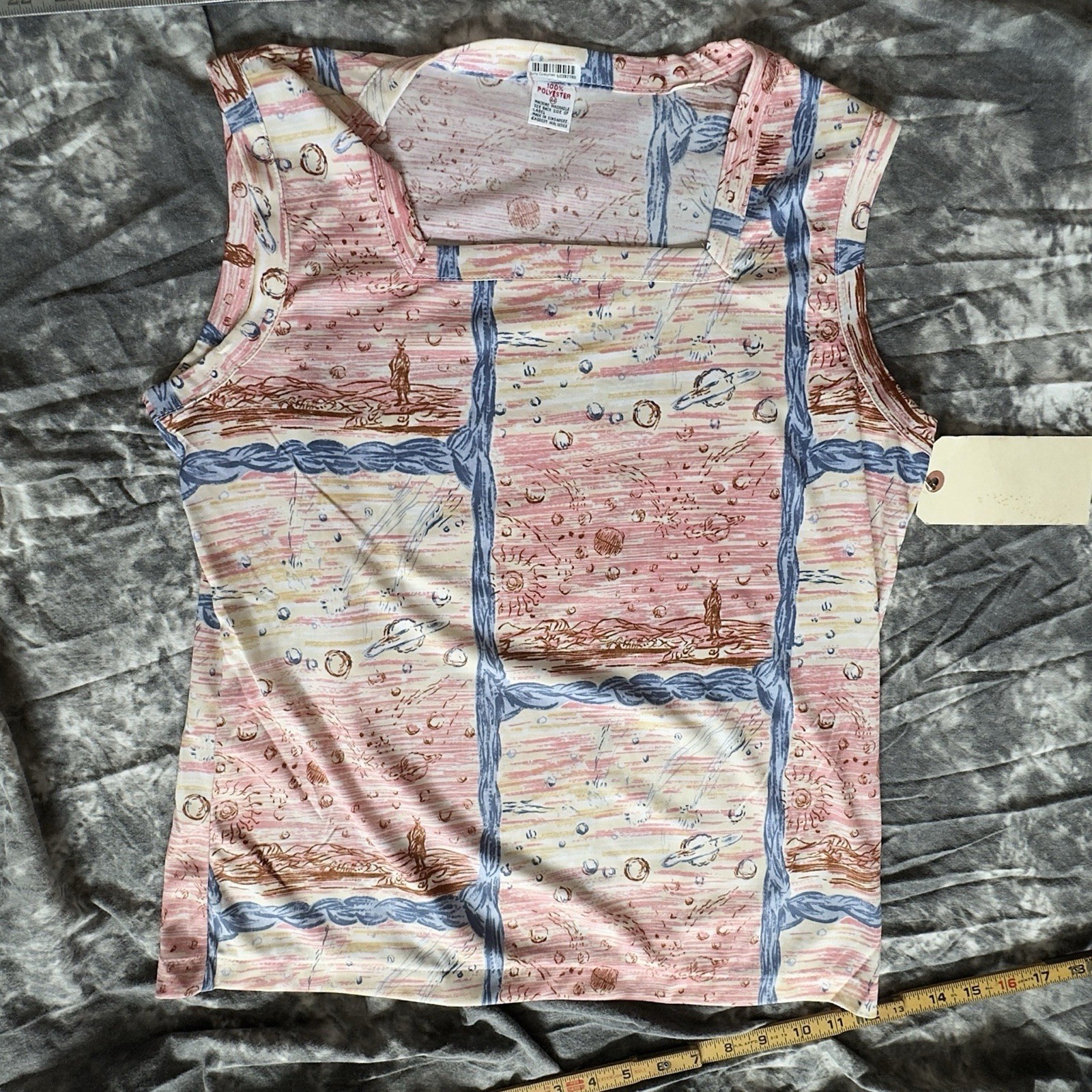 1970s Poly Novelty Sci-Fi Spaceship Print Sleeveless Vintage L Top Sony Studios