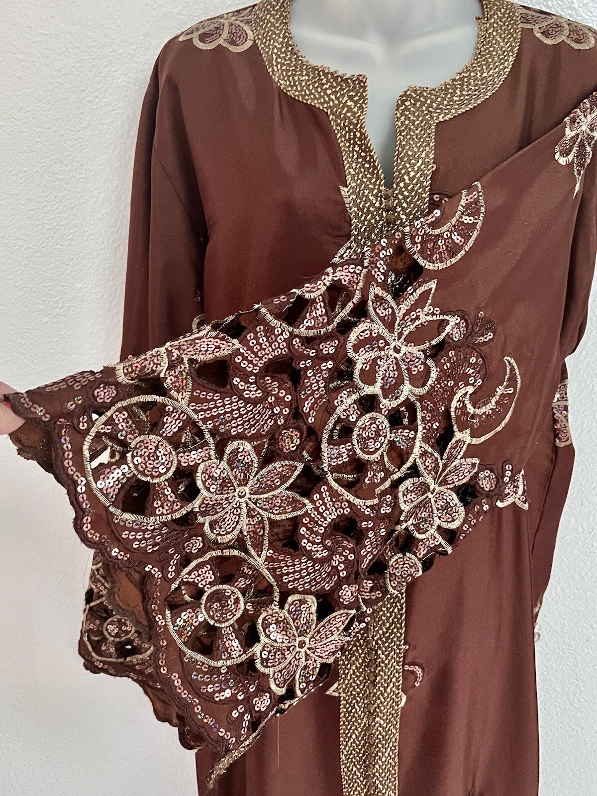 VINTAGE*MOROCCAN LONG BRONZE /SEQUIN djellaba*CAFTAN GOWN DRESS~M/L