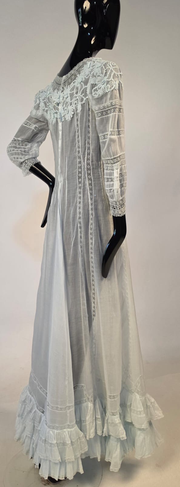 ROMANTIC EDWARDIAN ICE BLUE COTTON DRESS W APPLIED LACE + RUFFLE BOTTOM