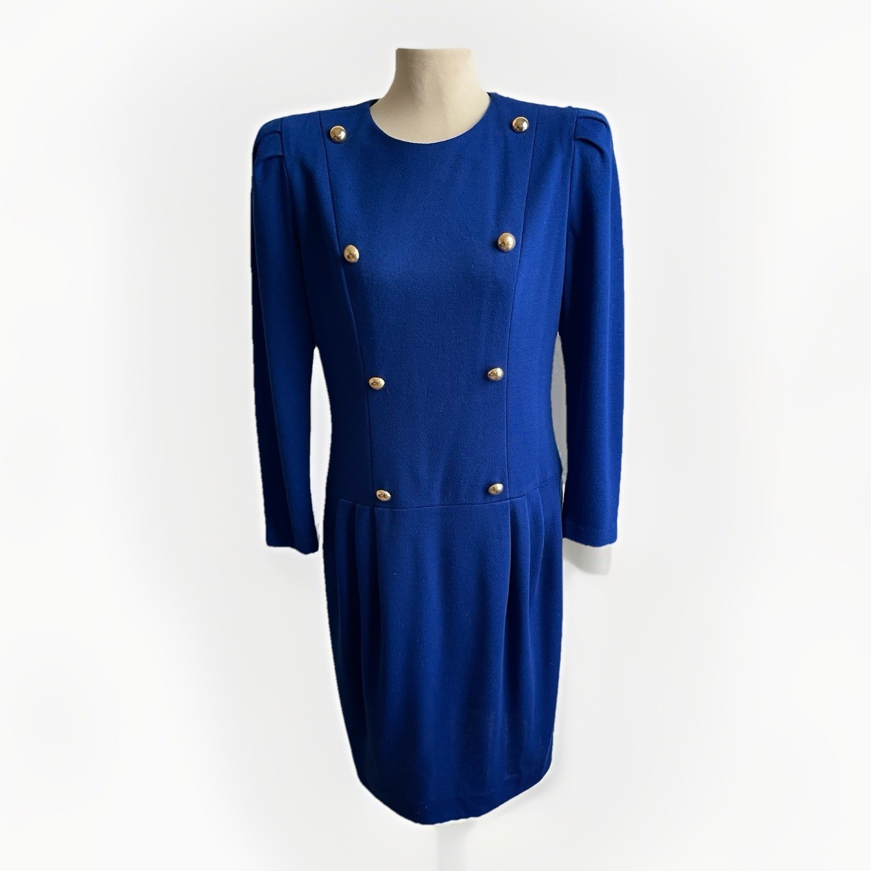 Vintage 80s David Warren Blue Knit Dress Midi Wool Gold Buttons Money ILGWU 10 P