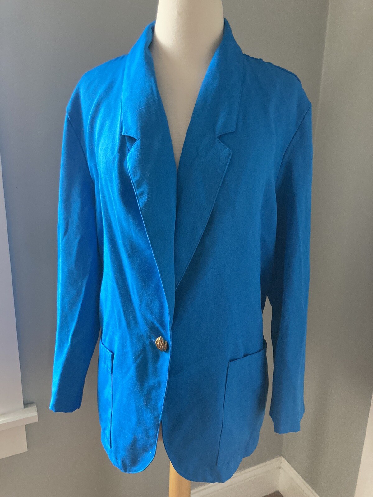 16 Blue Blazer Classic 80s Rayon jacket 1-button Notched collar blazer pockets