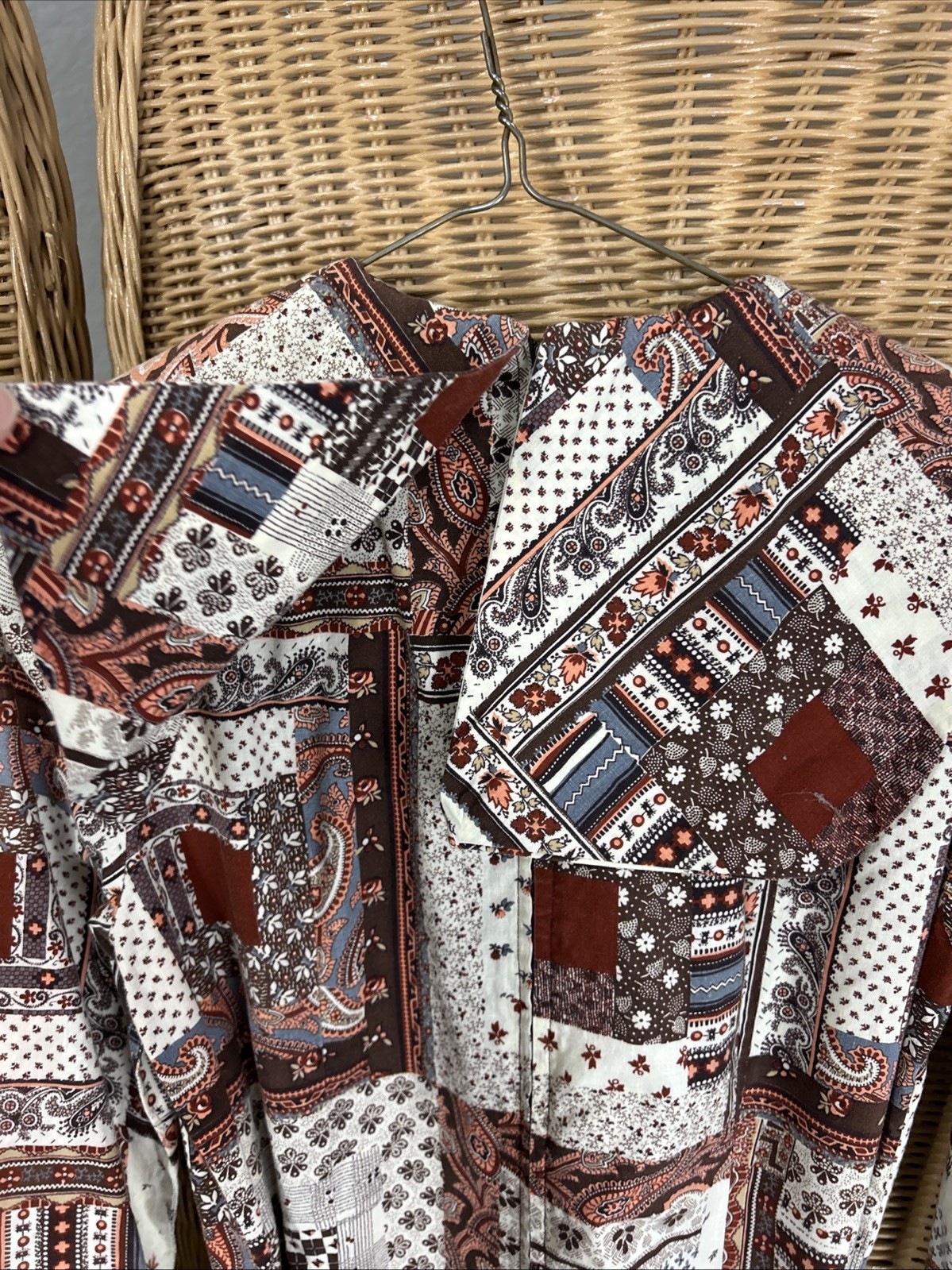 Vintage Patchwork Dress Prairie Removable Collar Homemade Brown Beige Blue