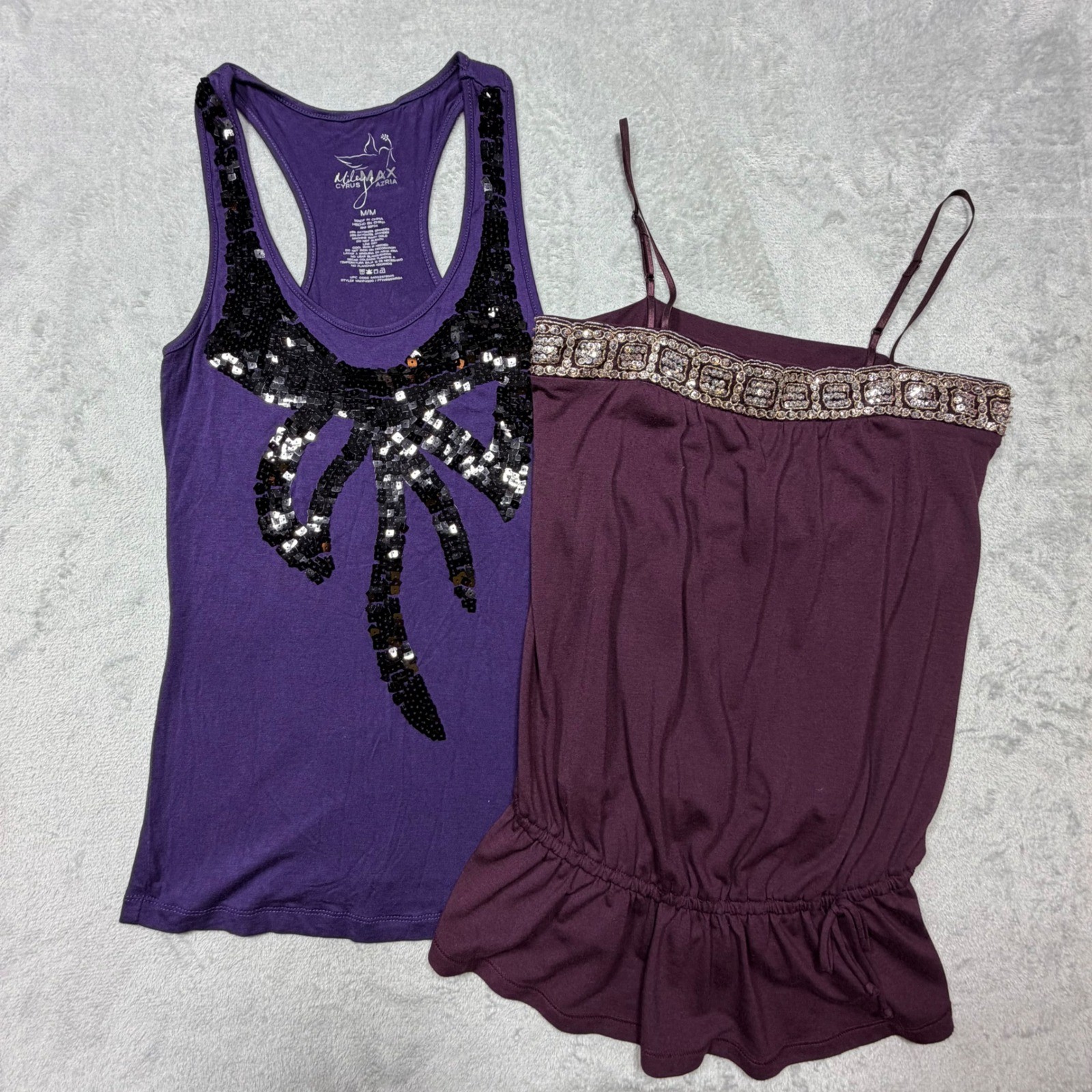 Vintage 2000s Y2K Purple Sequin Bow Tank & Plum Beaded Cami Top Bundle Size M S