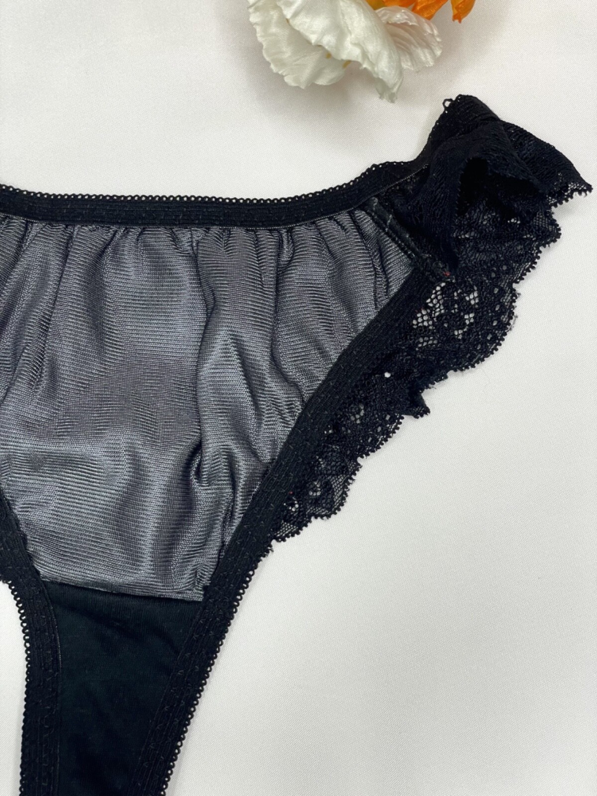 Vtg Deep Black Polyester Spandex String Panty Sz.5~6 Sheer Floral Lace Briefs