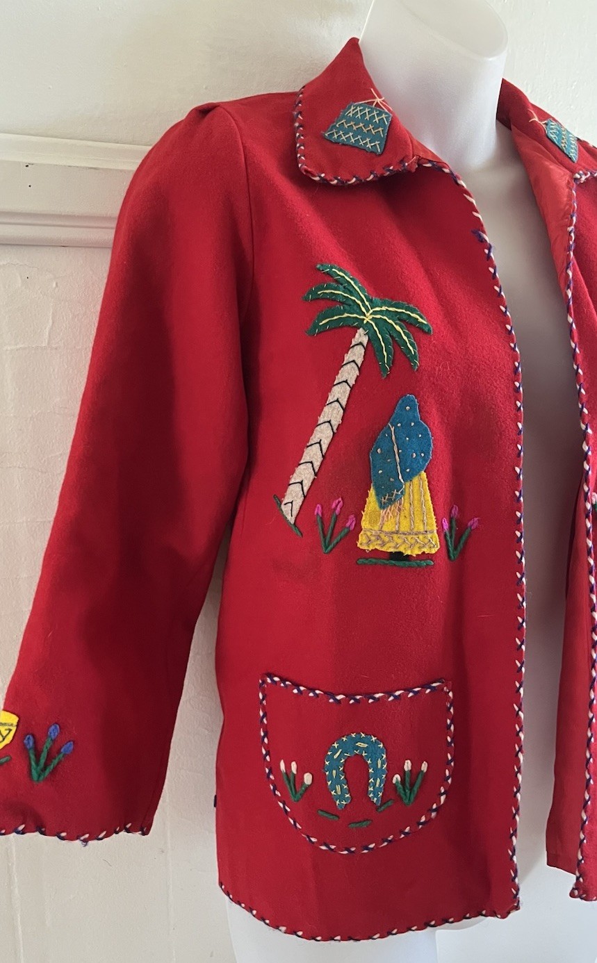 Vtg LOPEZ 1940s Mexican Wool Embroidered Tourist Jacket Bright Red-Sz XS EUC!