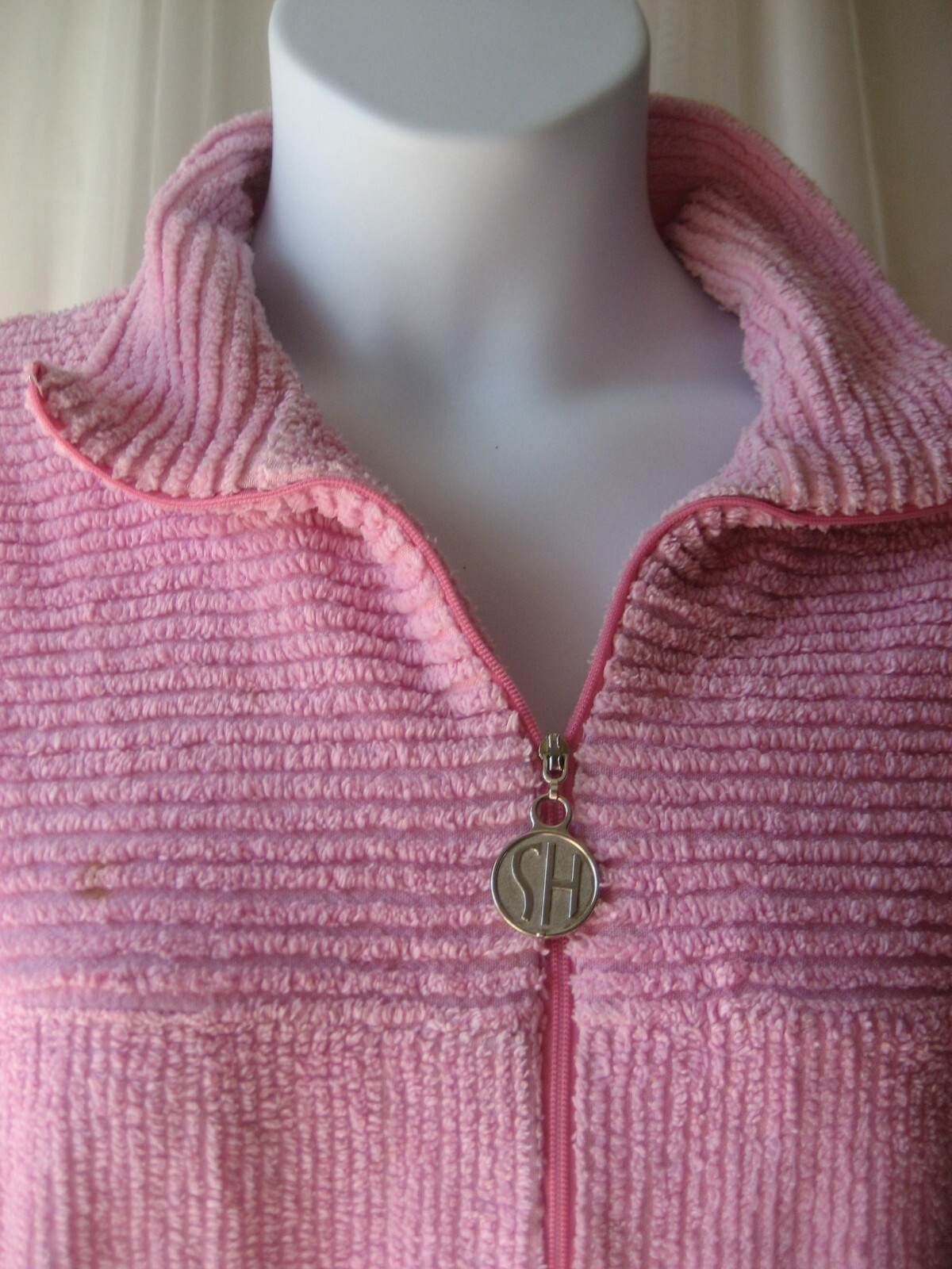 Vintage Stan Herman Chenille Robe L Full Length 3/4 Zip Dark Pink Pockets Collar