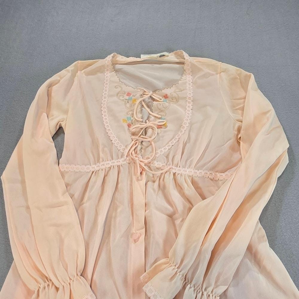 JCPenney Robe Womens Medium Peach Vintage 70s Floral Embroidery Lace-up Maxi USA