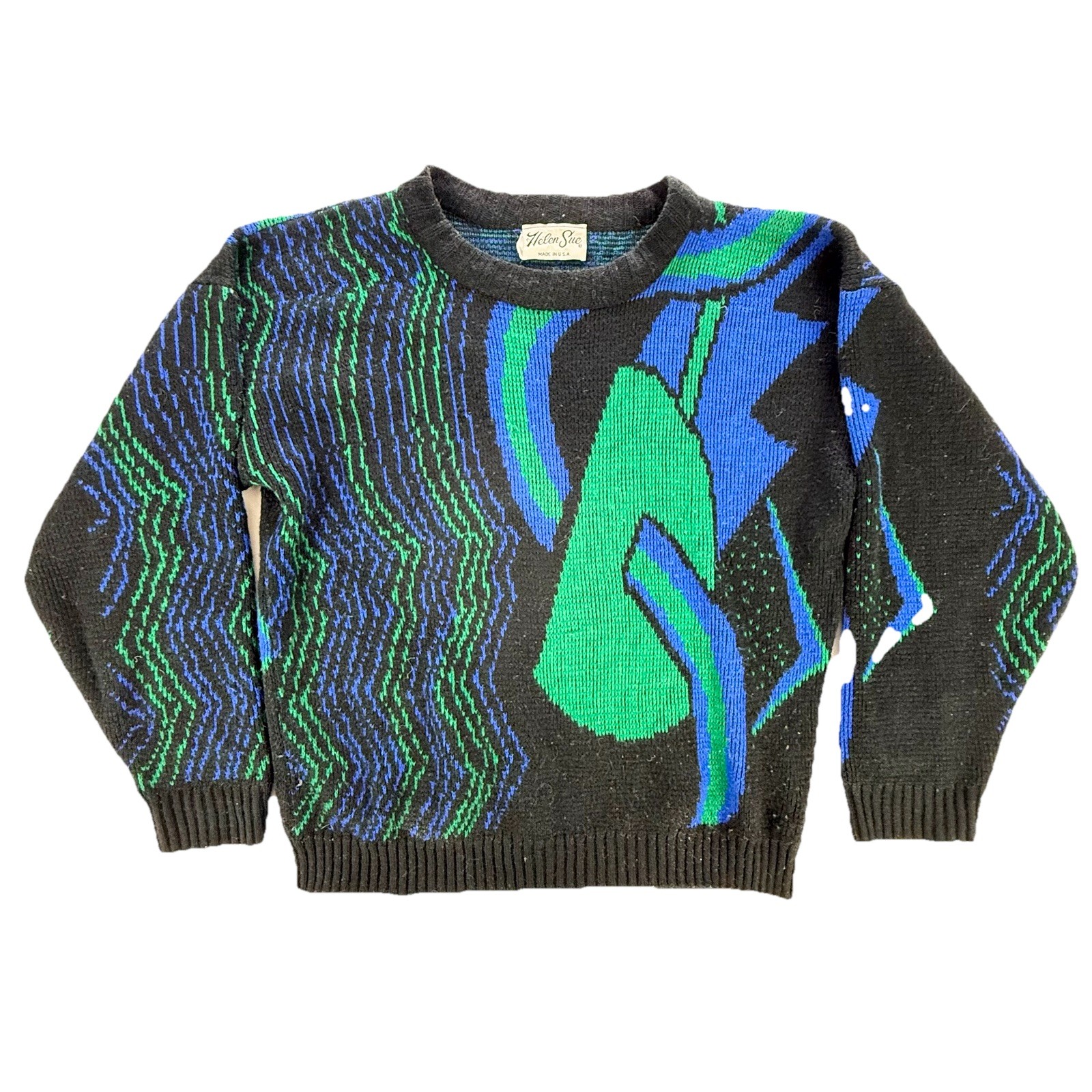 Vintage Helen Sue 80&rsquo;s Abstract Geometric Sweater Womens Black Multicolor Retro
