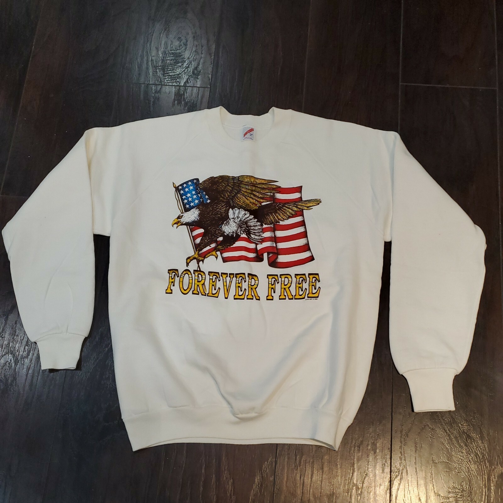 Vtg Forever Free Eagle Flag 1990 White Large Jerzees Tag Made in USA Crewneck