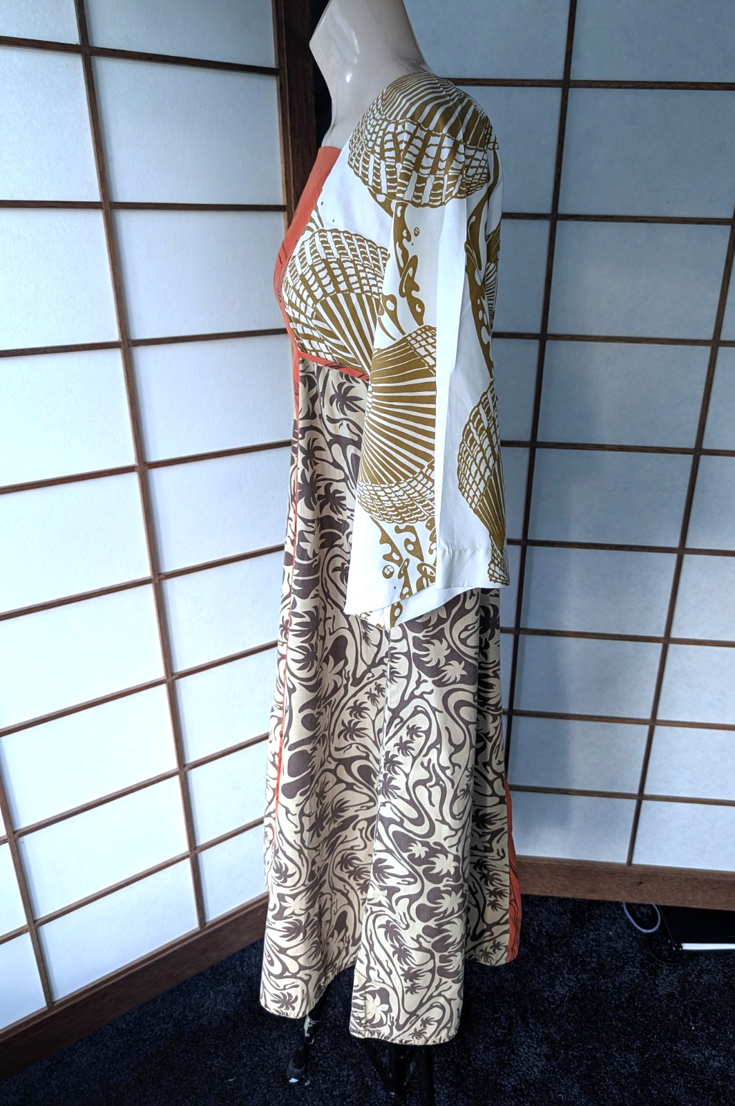 Vintage1970s Tiki Togs Suva Fiji Hawaiian Maxi Dress Caftan M Kimono Sleeves