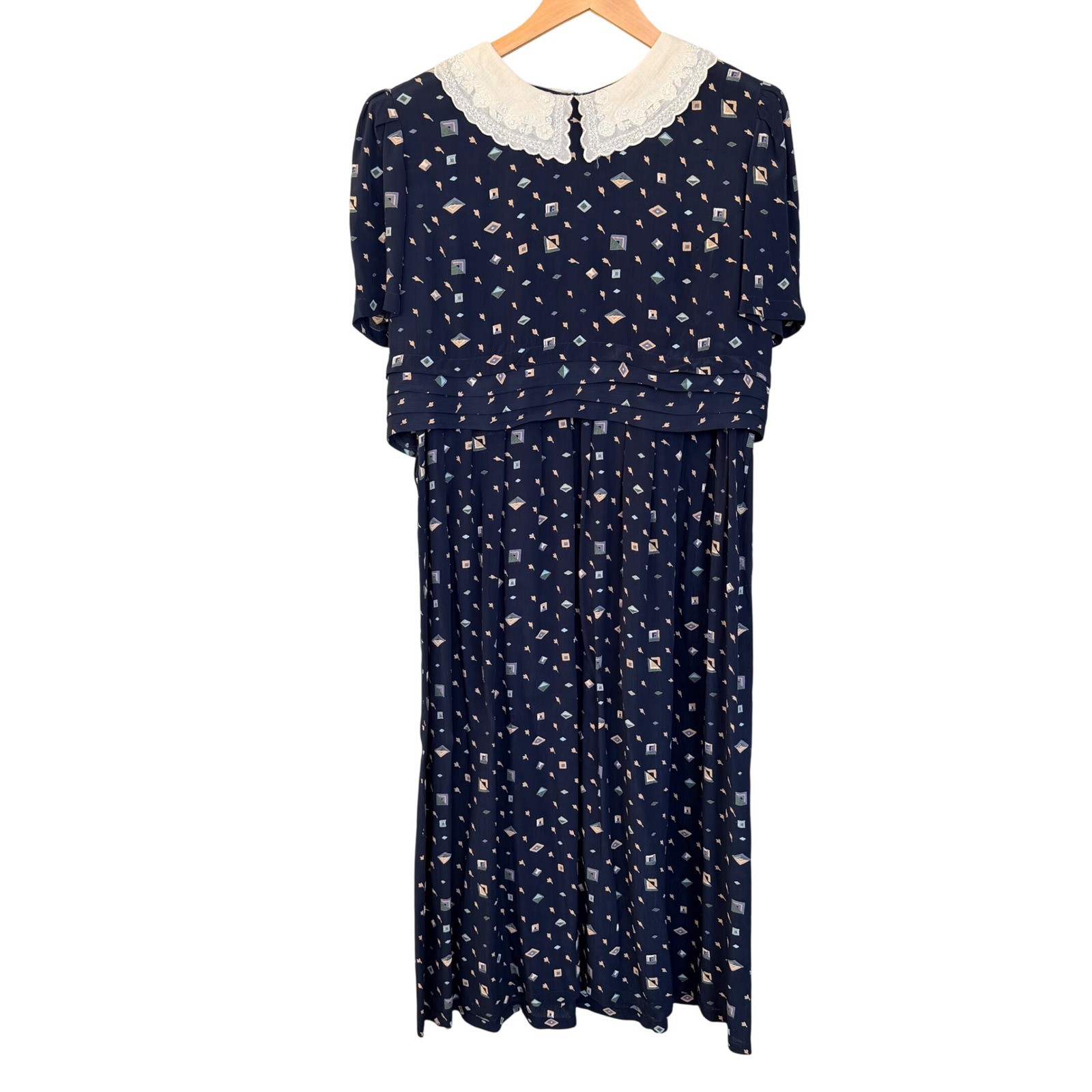 Karin Stevens Navy Blue Geometric Print Midi Dress Lace Collar Beaded Vintage 14