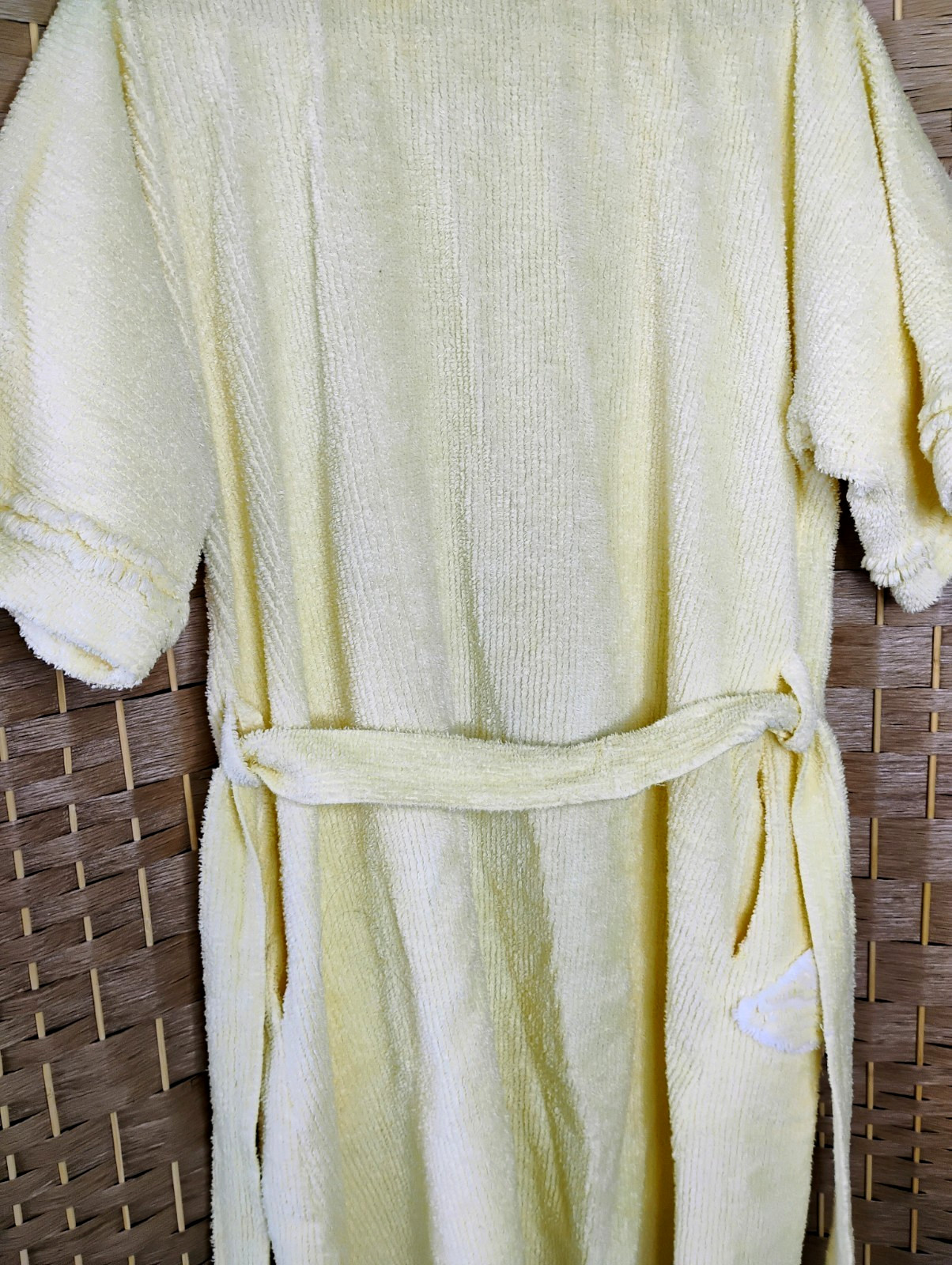 Vintage 70s Stan Herman Yellow Chenille Terry Robe Butterfly Decal Wrap Belt M
