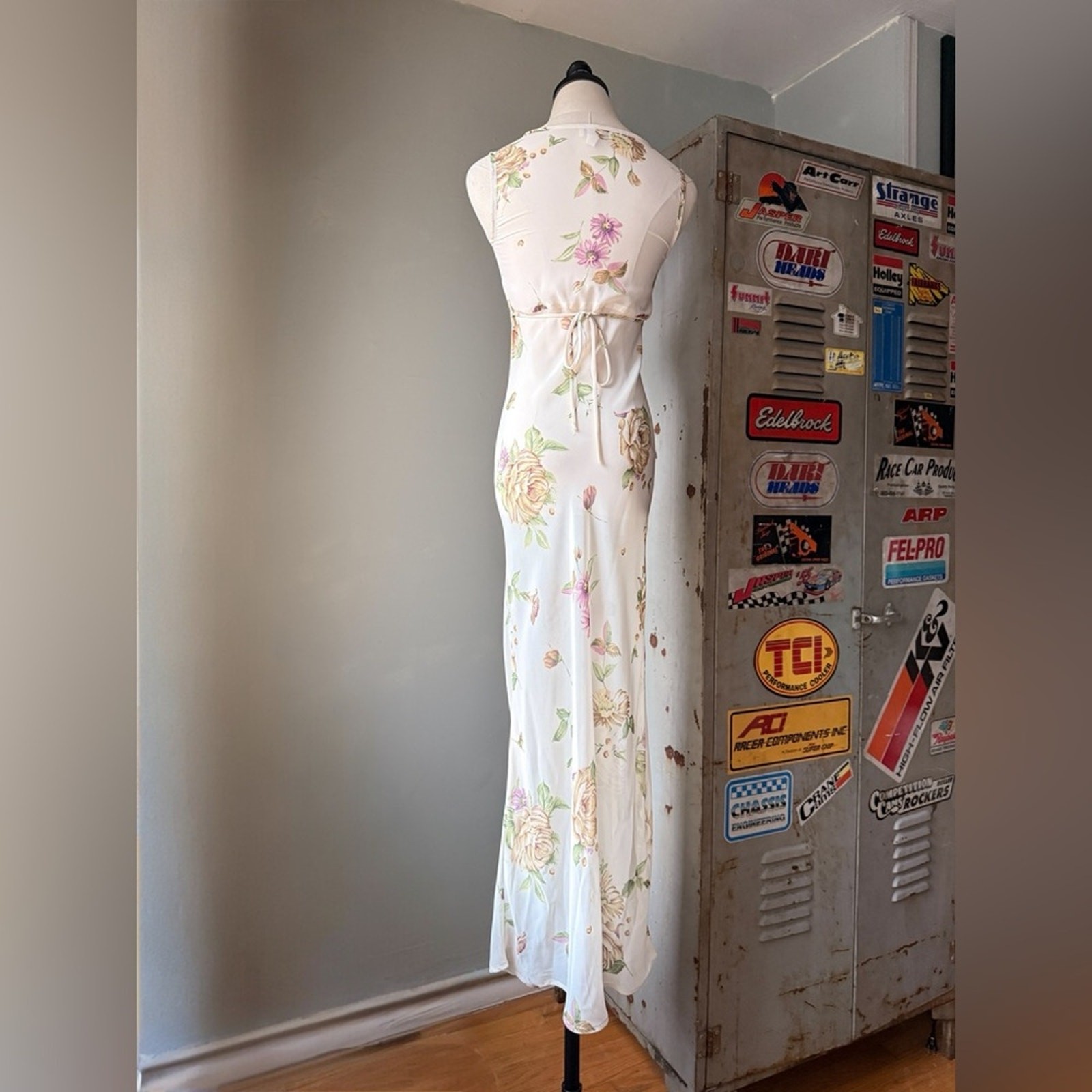 Vintage 90s Floral Slip Maxi Dress | Bias Cut Cream Rose Print Cottagecore | XS