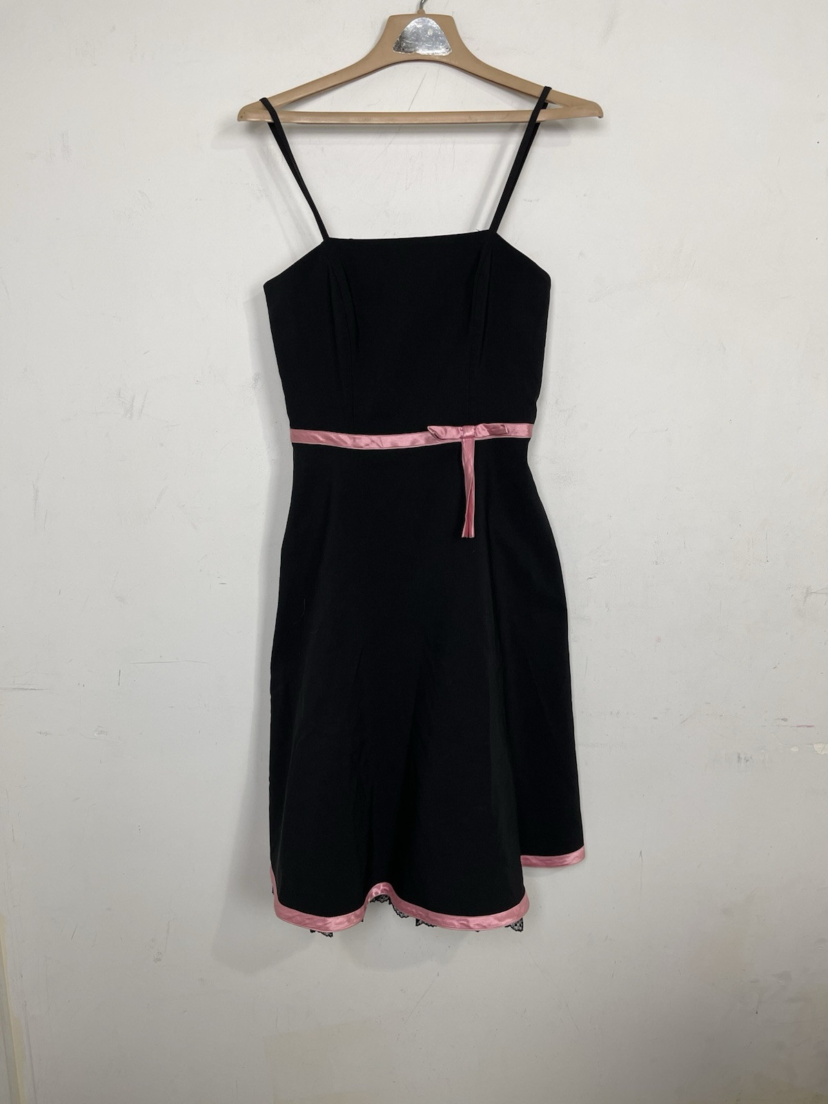 Byer Too! Vintage Black Pink Ribbon Lace Trim Fit Flare Dress Size 7 Made in USA