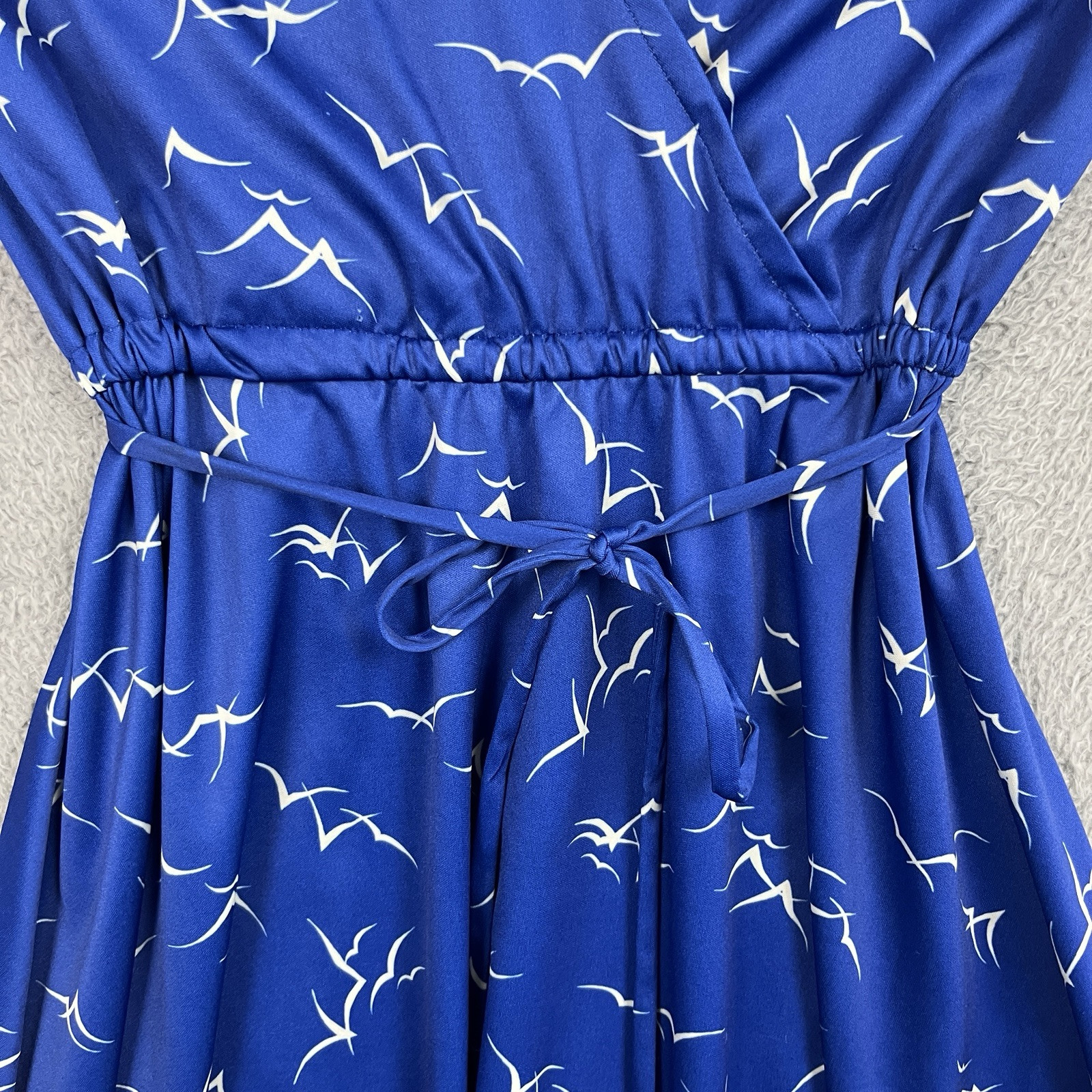 Vintage 70s Dress Womens Small Blue Seaside Seagulls All Over Print Tie Shoulder