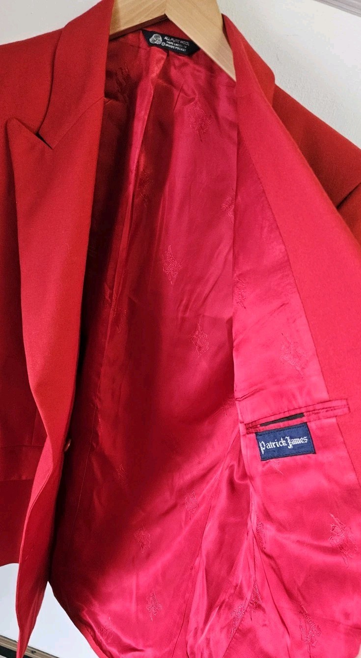 Vintage Burberrys&rsquo; Patrick James Cherry Red Double Breasted Wool Blazer Sz Lrg