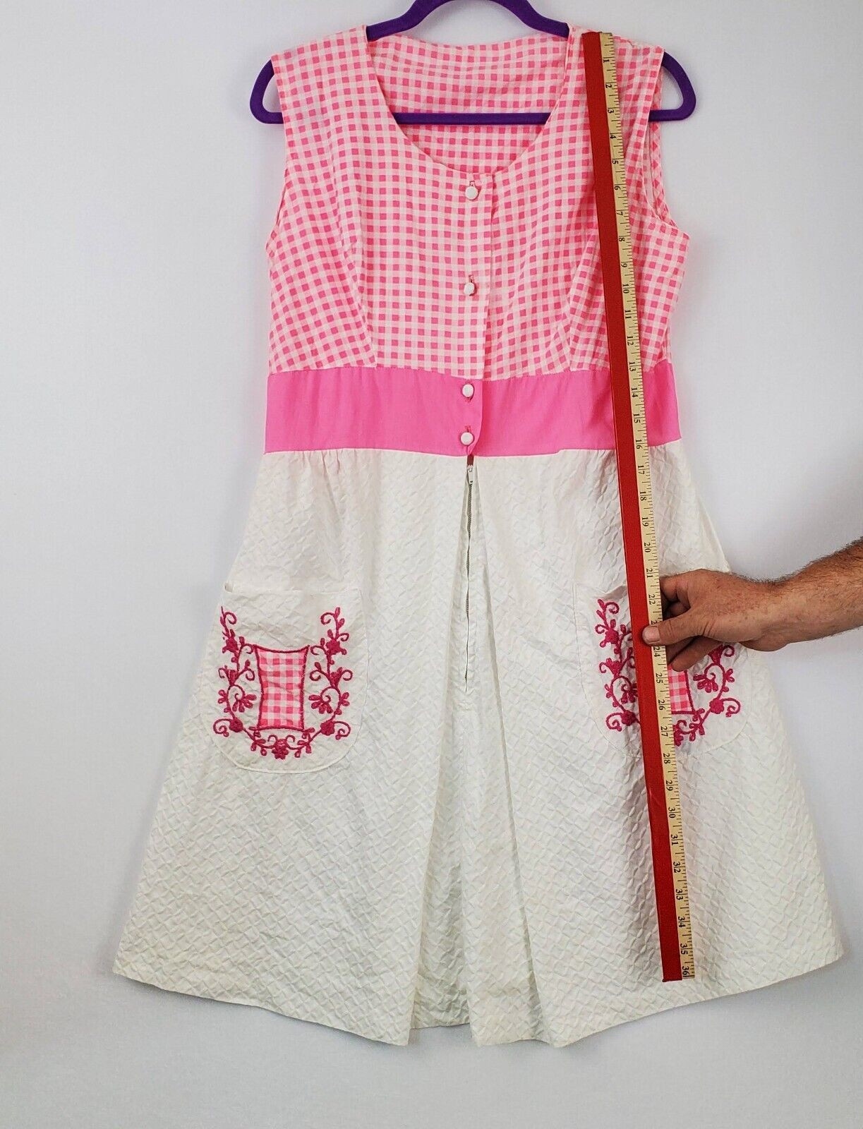 Vtg BarbieCore Pink White Gingham Cottage 60&rsquo;s Mini Tank Dress Embroidered S/M