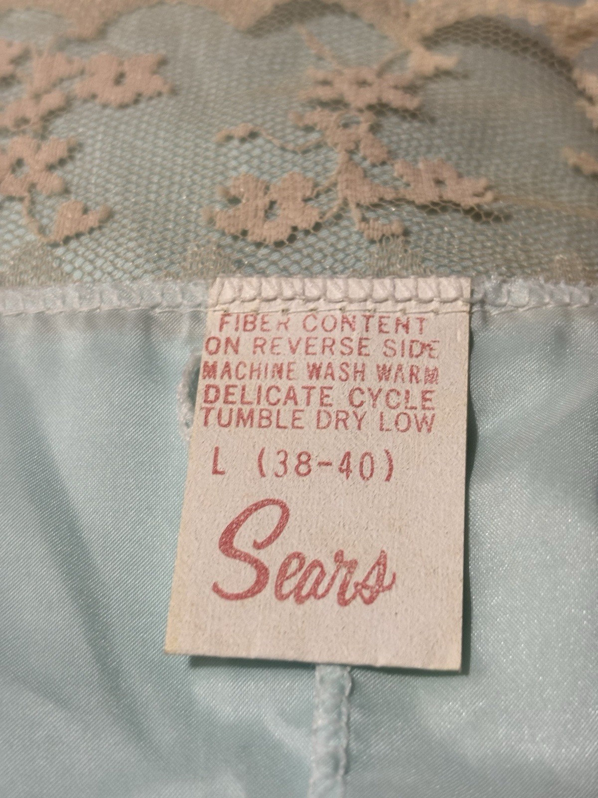 Vintage Sears Light Blue Nylon Nightgown Womens Large (38/40) Cream Lace Detail