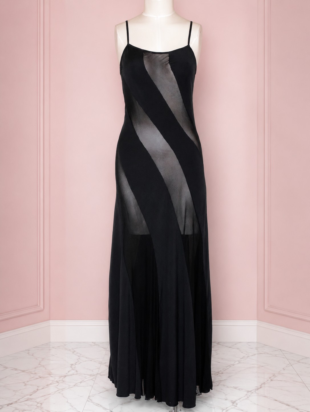 Vintage Y2K Frederick&rsquo;s of Hollywood Black Sheer Mesh Panel Maxi Slip Dress M