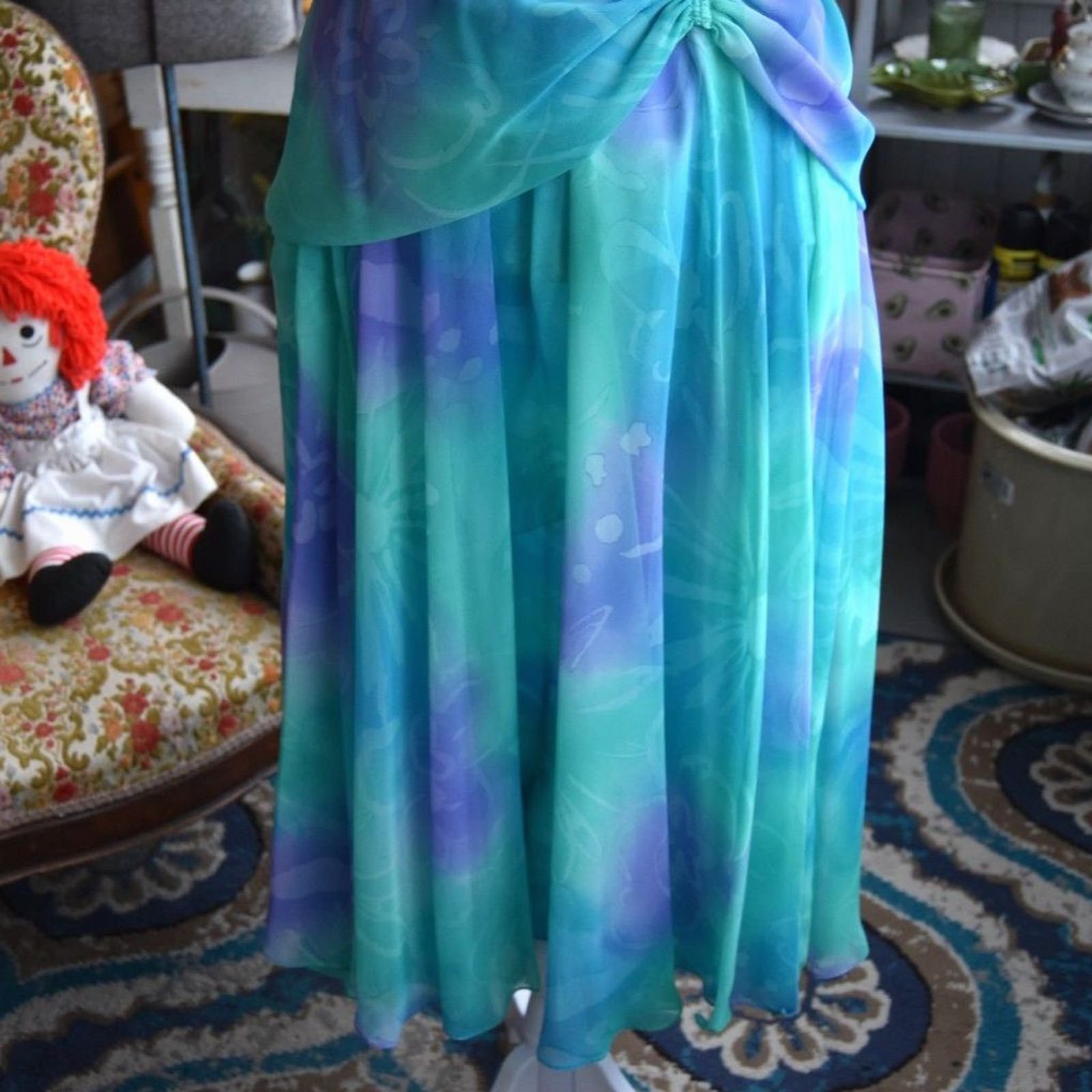 Vintage 70s 80s Aqua Lavender Chiffon Wrap Formal Gown Dress Size 14