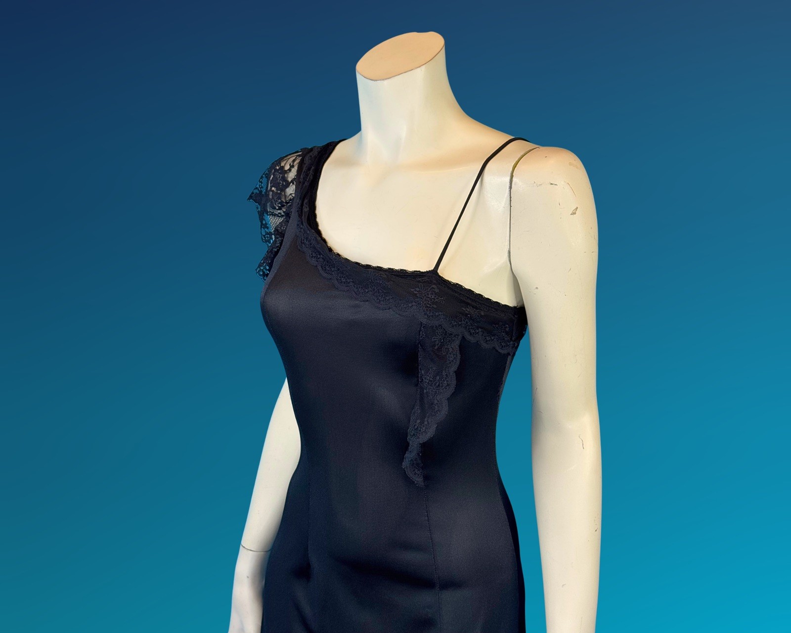 90s Dark Romantic Asymmetrical Black Negligee Slip Dress Nightgown | XS