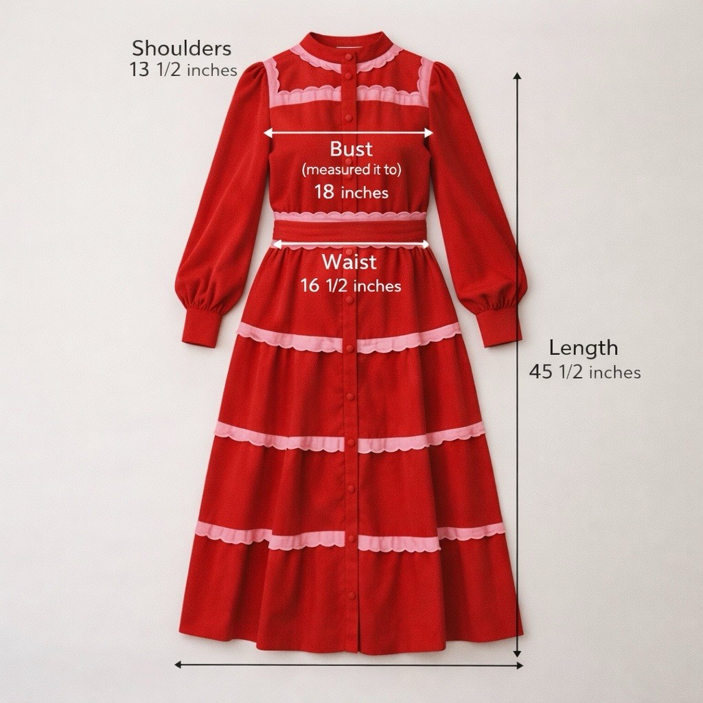 Handmade Cottagecore Red Corduroy Midi Dress Pink Scallop Trim Size M OOAK Art!!