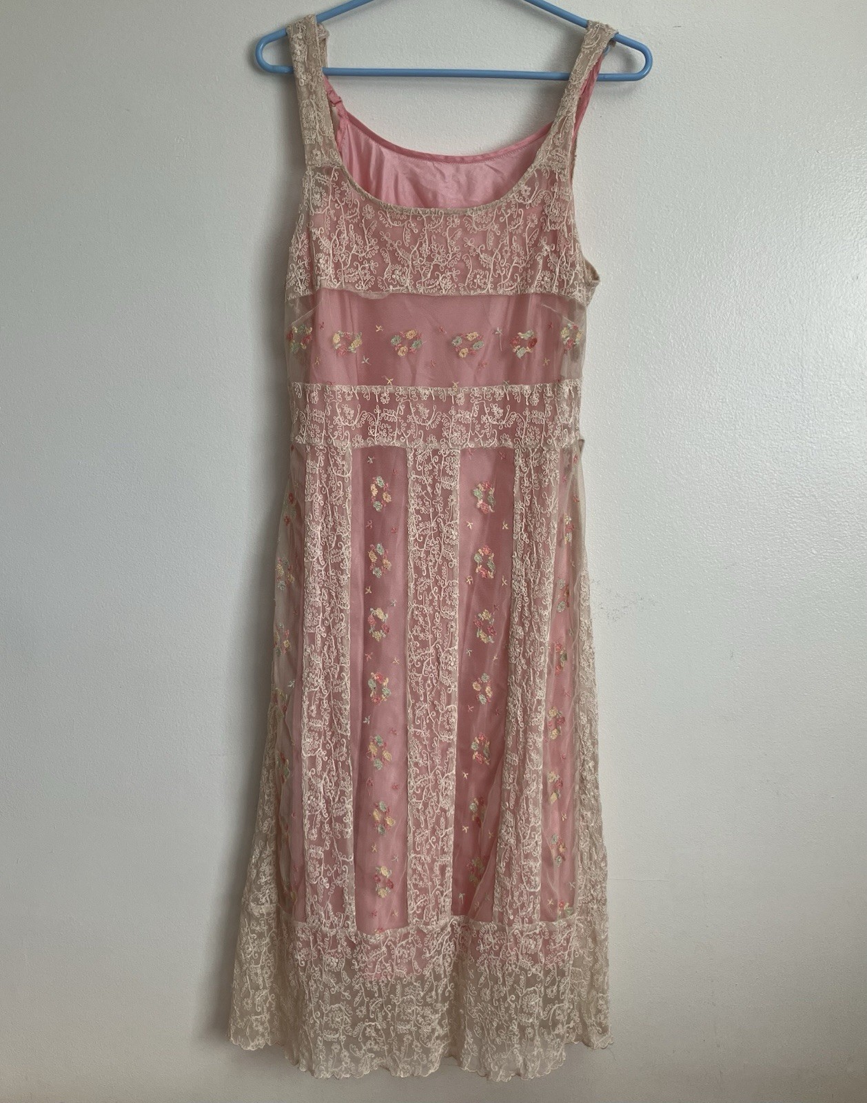 Vintage Handmade Pink Lace Mesh Dress Removable Slip Cottagecore XS/S