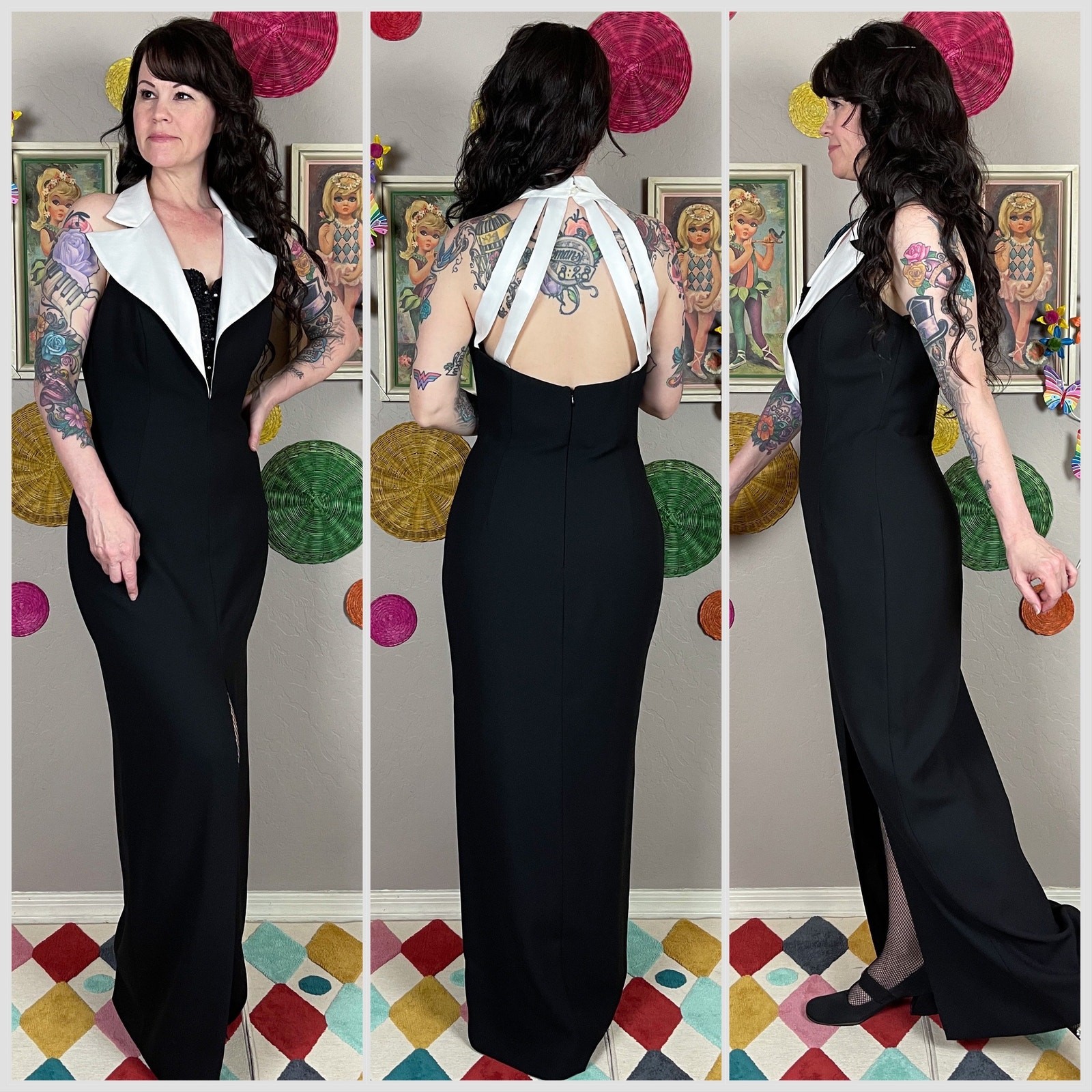 Vintage 1990s Black and White Sleeveless Tuxedo Gown | 30&Prime; Waist