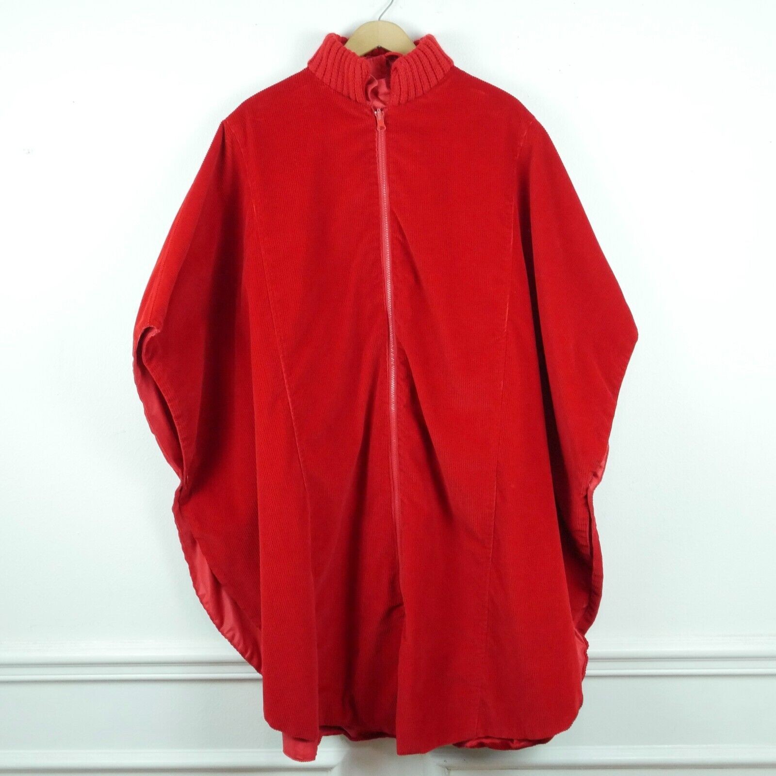 Vintage One Size Cape Red Corduroy Full Zip Hooded Maximalist Cosplay 70s 80s