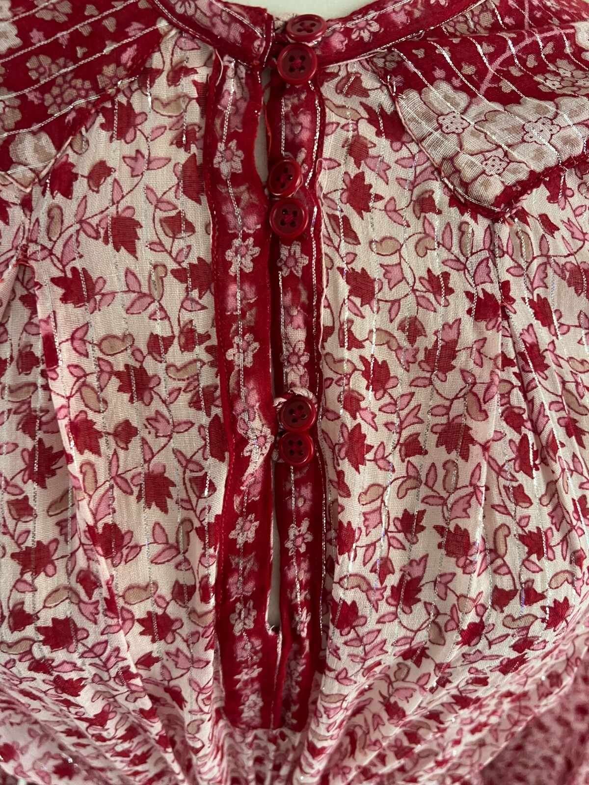 Vintage OH CALCUTTA India Cotton Gauze Hippie Dress Sz M~Red w Silver Thread