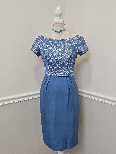 Vintage&rsquo;50s MARDI GRAS Blue Lace Cocktail Dress  Designer /Day Dress