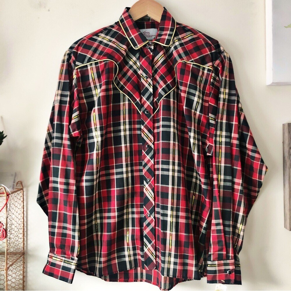 80s Kenny Rogers Western Plaid Button Down Piped Yoke Rodeo Chic Pearl Snap Sz M