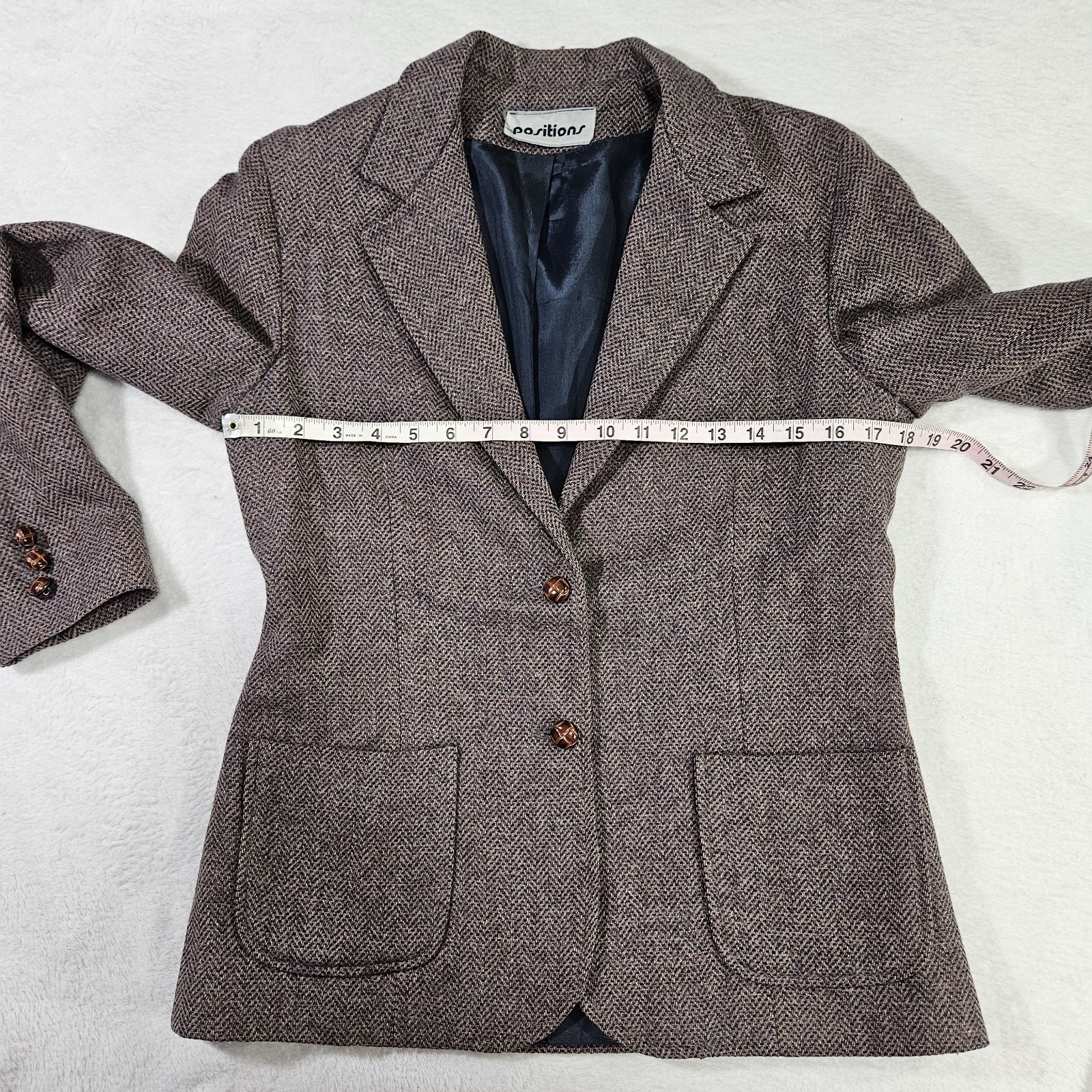 Vintage Positions Herringbone Tweed Blazer Jacket Brown Academic Woven Buttons S