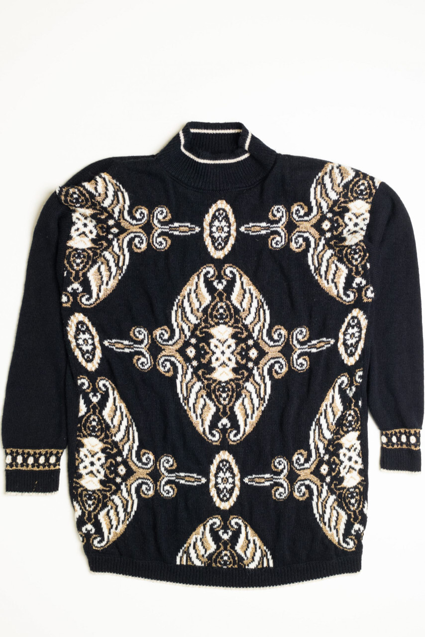 Vintage Beldoch Popper 80s Black Sweater Large Geometric Print Knit