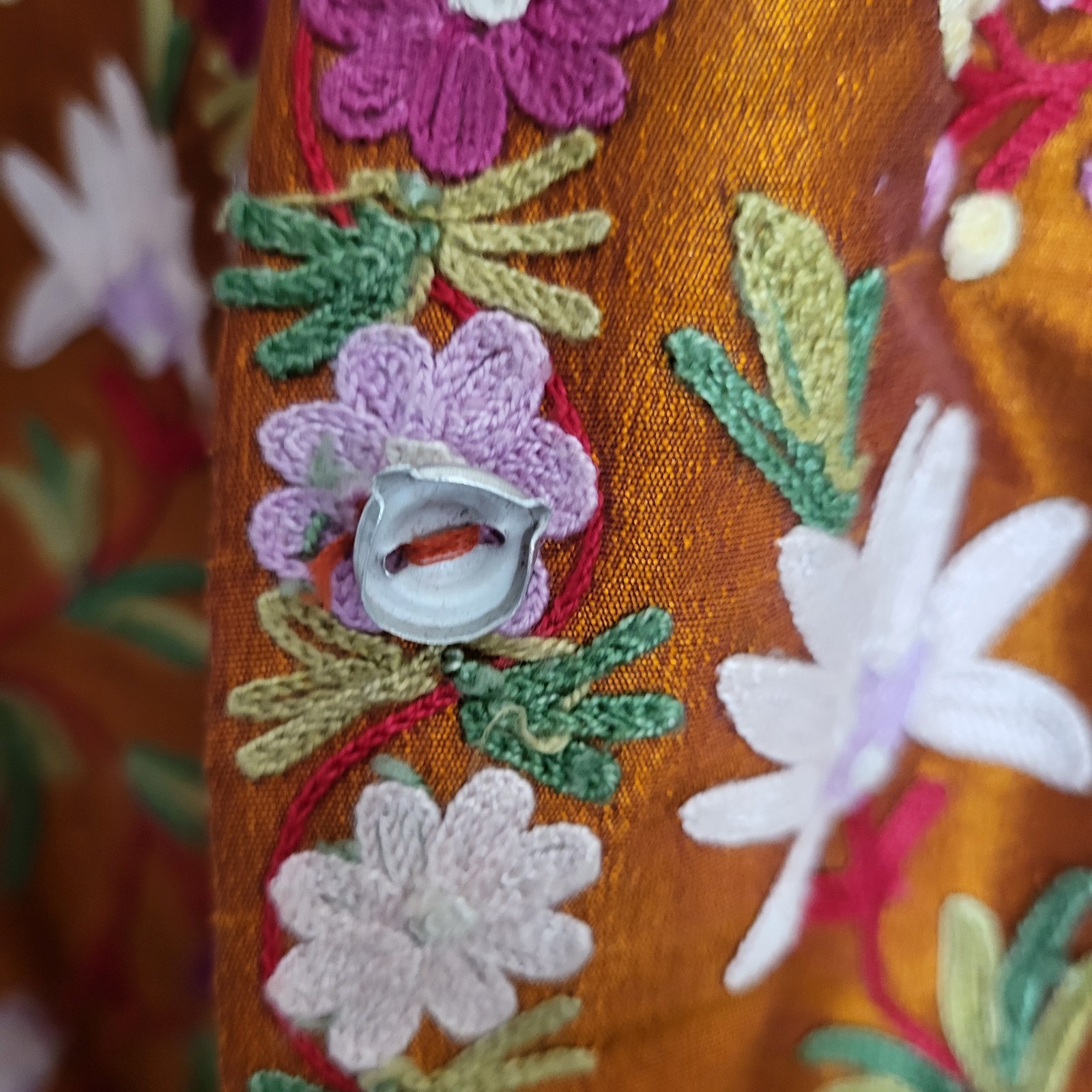 Vintage Long Kashmiri Aari Crewel Embroidered Copper Silk Jacket Floral Size L