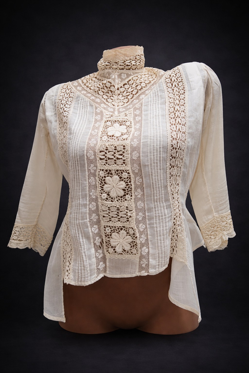 Antique Edwardian 1930s White Cotton Lace Blouse High Neck Semi Sheer/ Display