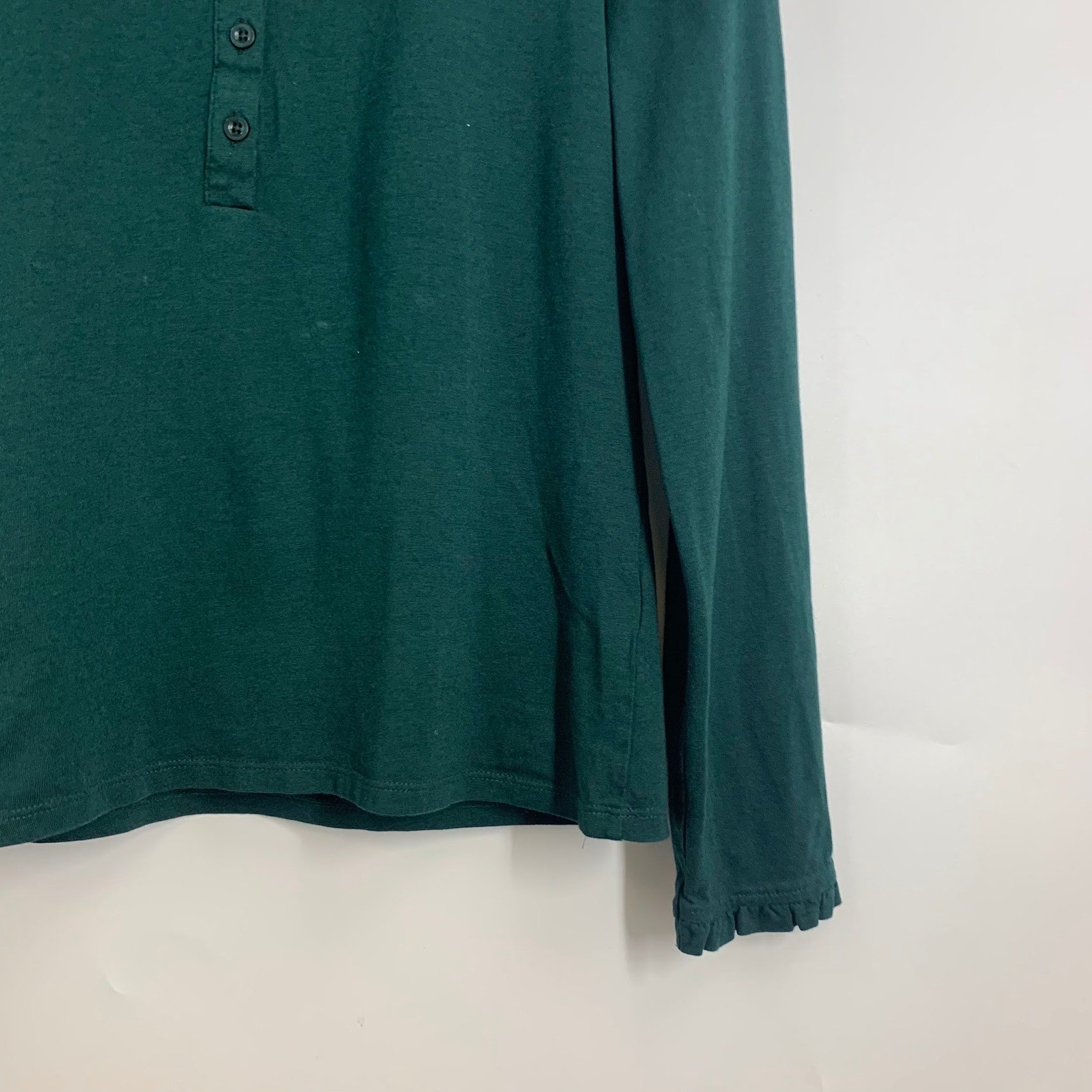 Boden Womens Forest Green Ruffled Henley Top Long Sleeve Puff Shoulder Size US 8