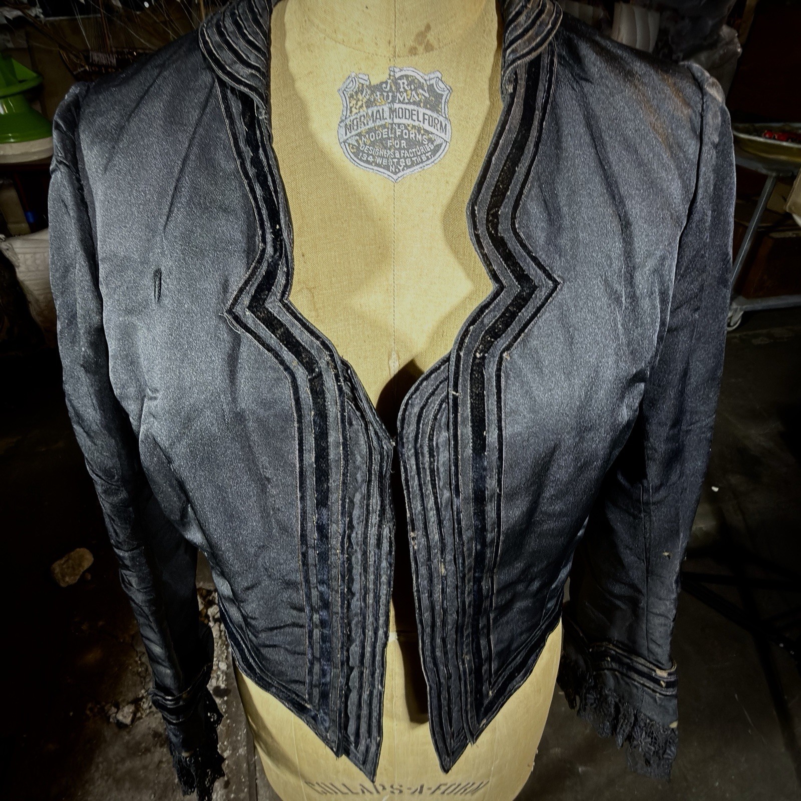 Antique Satin Victorian Mourning Bodice | 1880s Structured Tailored Jacket Goth