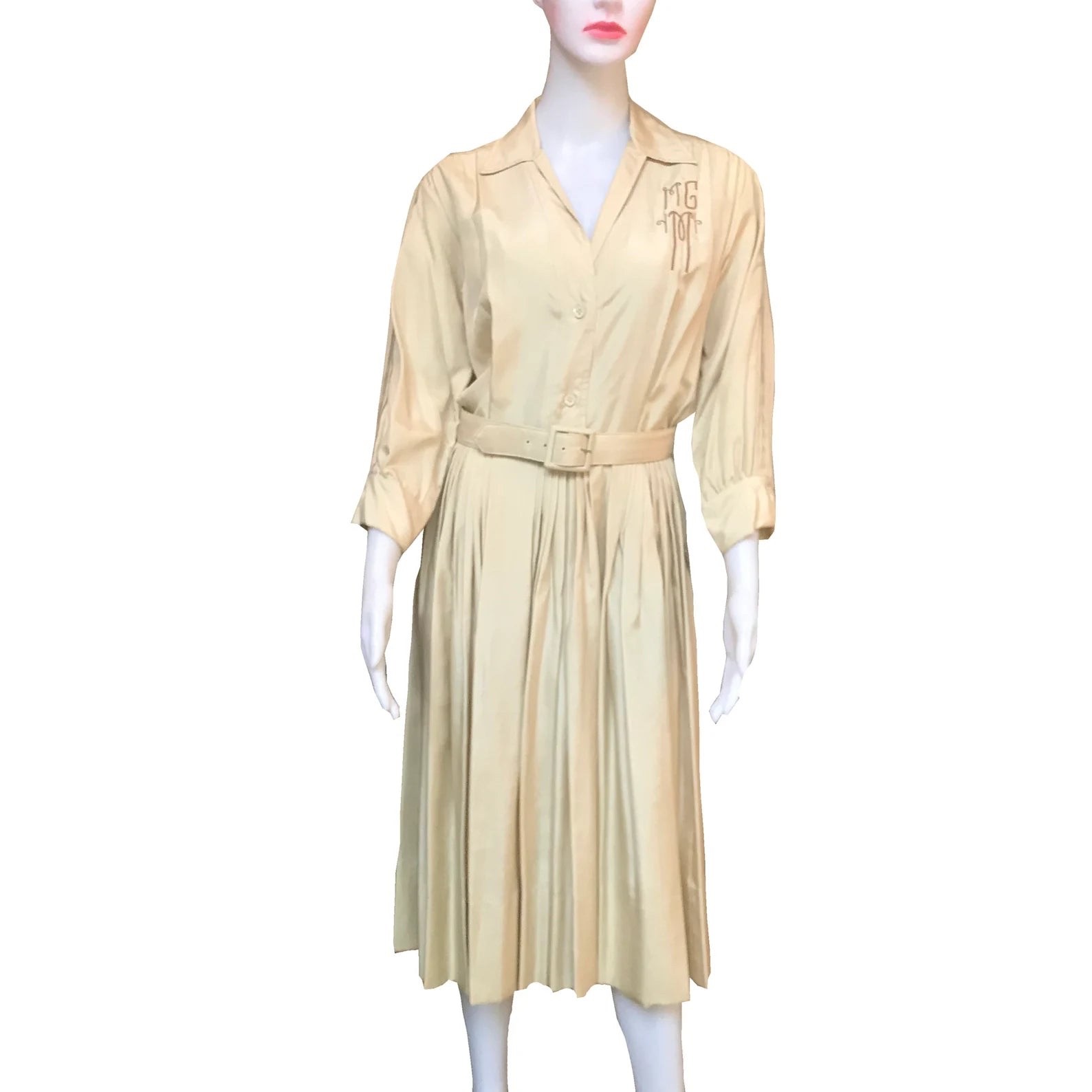 VINTAGE 1950&rsquo;s BRIELLE CREATIONS MONOGRAMMED BELTED PLEATED SILK DRESS M NWT