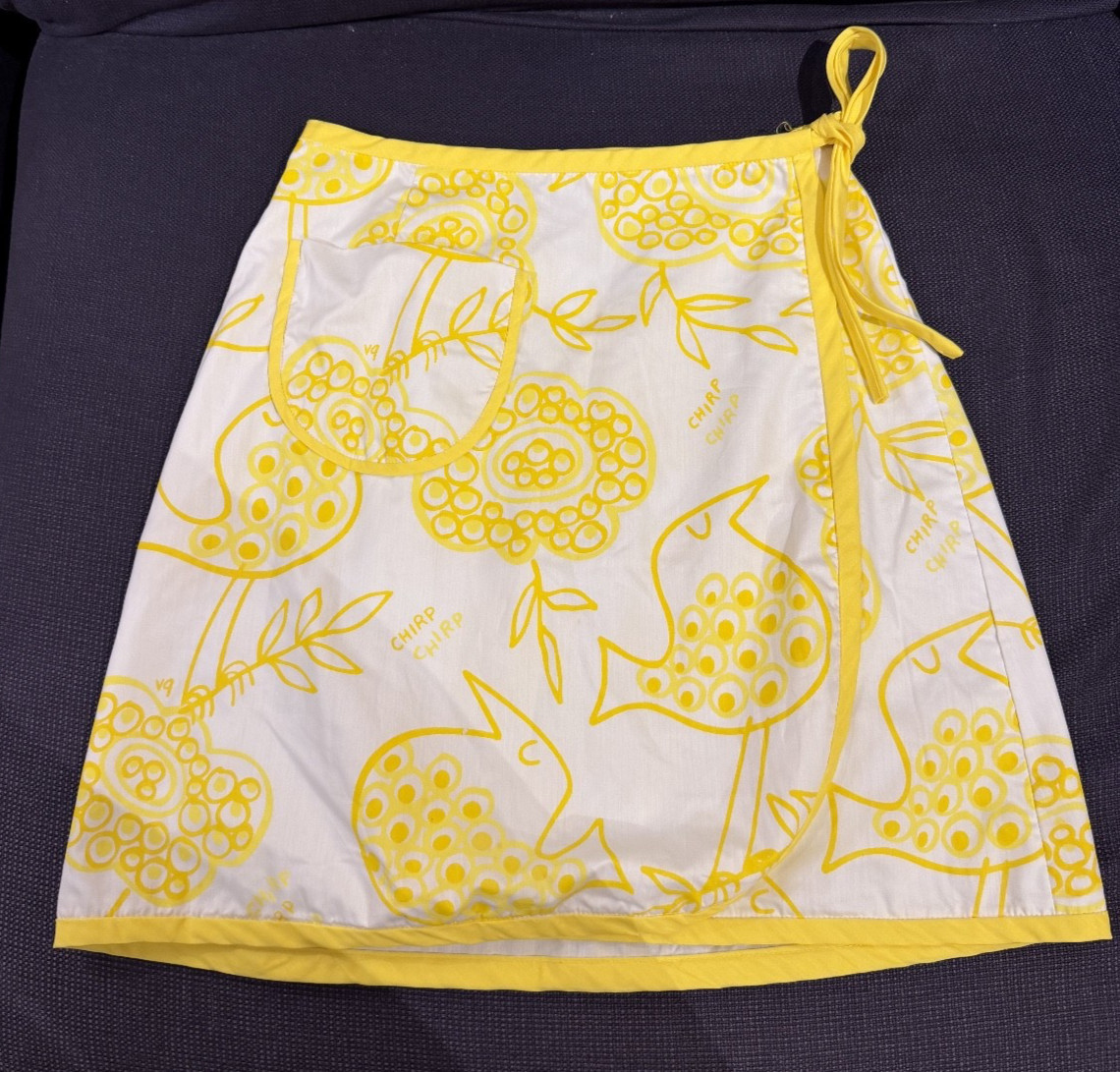 Vtg 1970s VESTED GENTRESS Chirp Yellow White Hand-Screened Print Mini Skirt 8