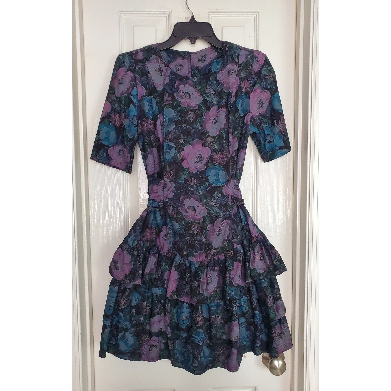 Vintage 80s Floral Tiered Ruffle Mini Dress Purple Blue Dark Romantic sz 5