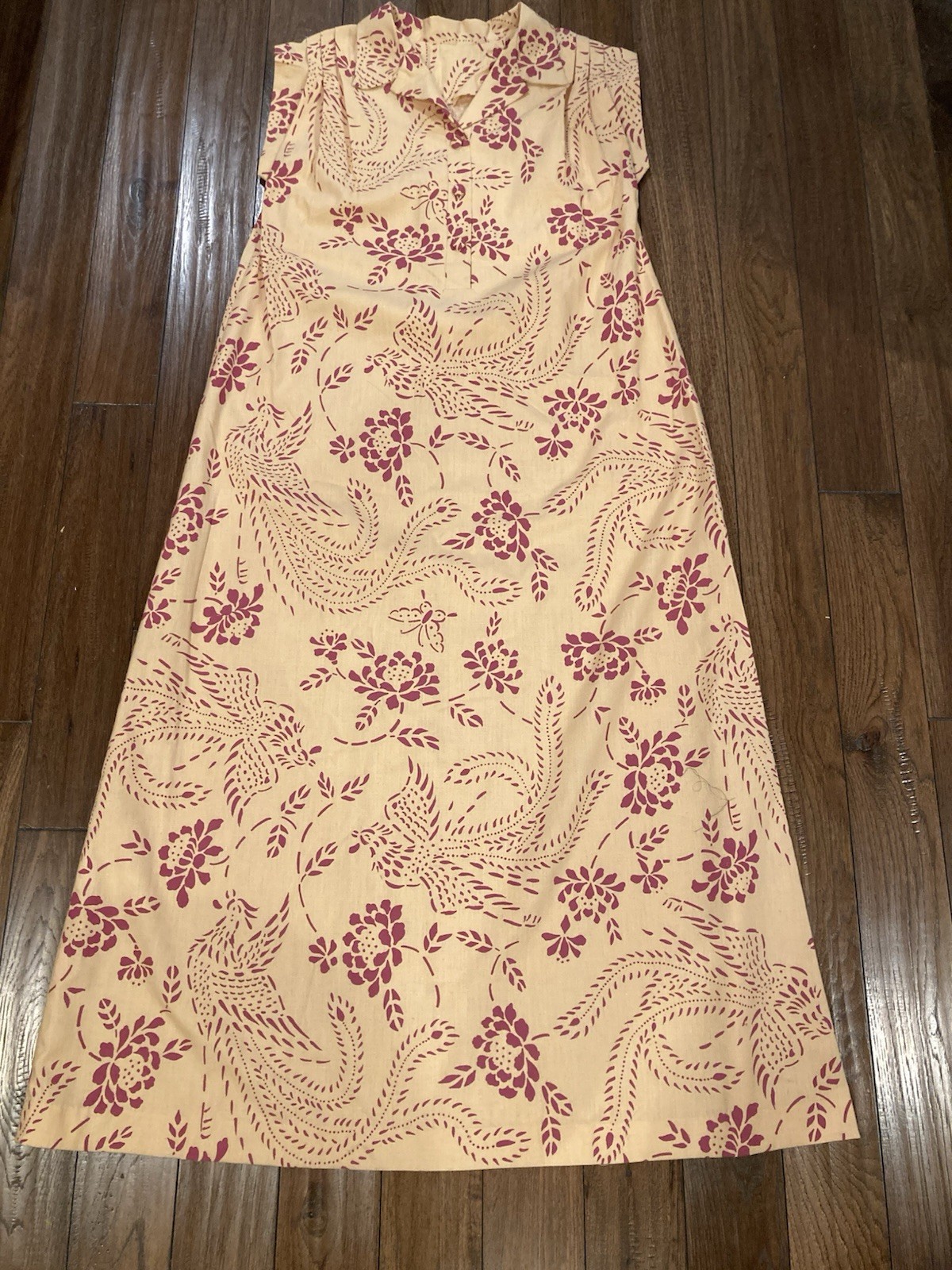Vntg 1990s Hawaiian muumuu maxi dress peasant dress peacocks butterfly XL B 44