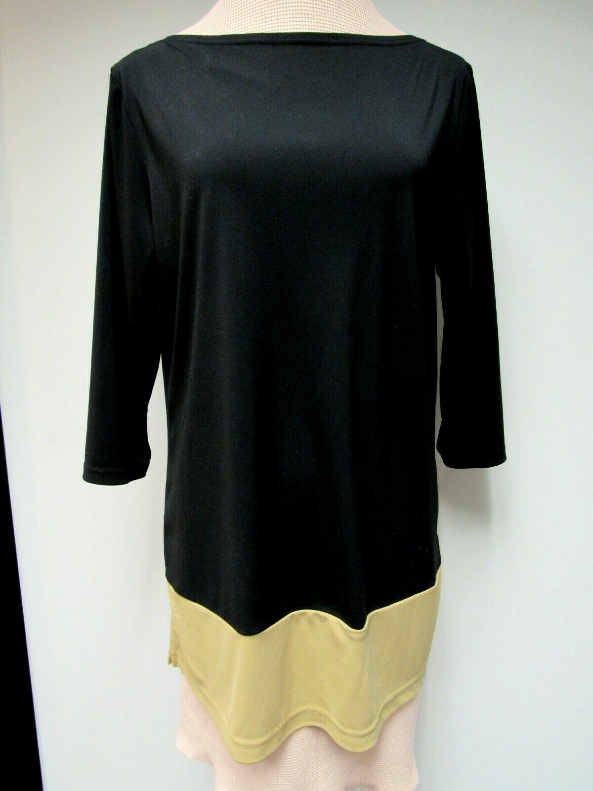 VTG JACQUELINE FERRAR Knit Top Tunic Boat Neck Black Maize Yellow Tall M EVC
