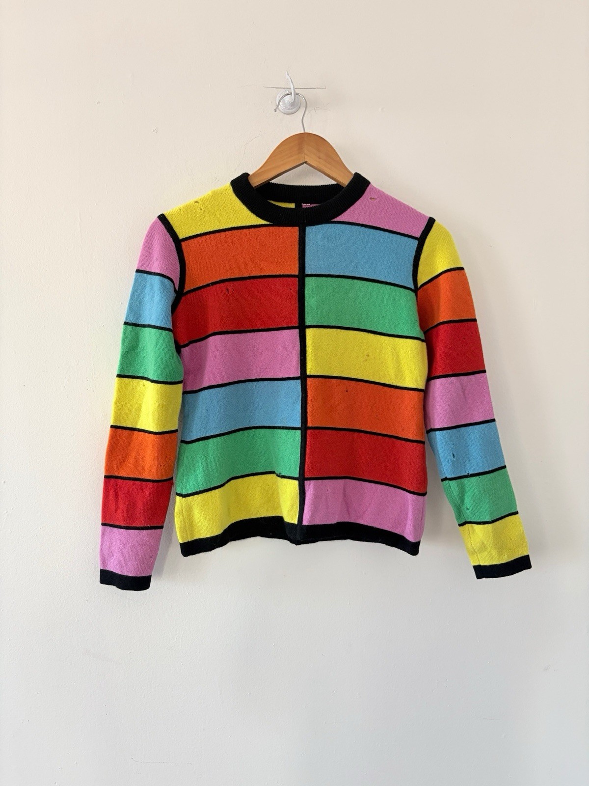 1960s Mod Geometric Color-Block Day Glo/Rainbow Wool Crewneck Sweater AS IS