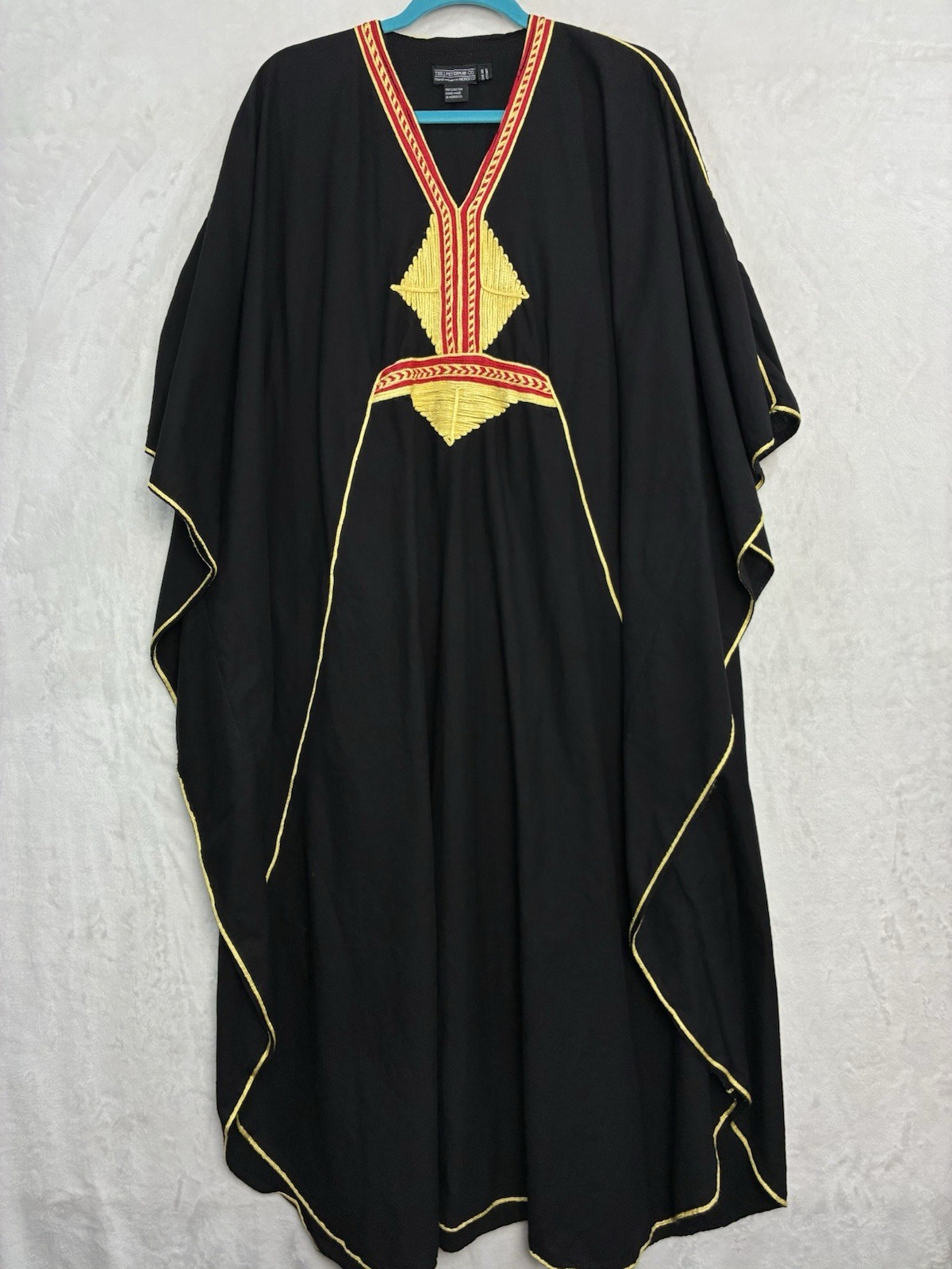 Vintage J Peterman Morocco Hand-Embroidered Caftan Maxi Black Yellow Cotton OSFA