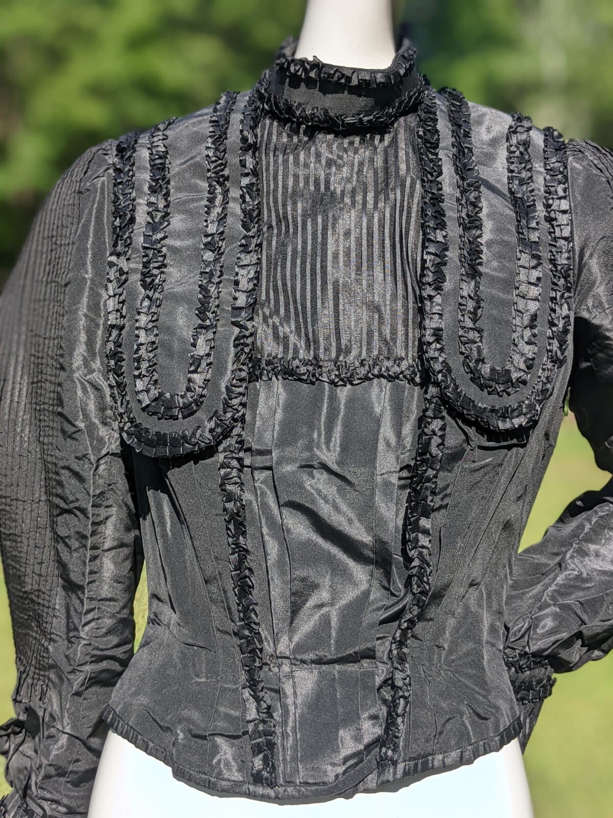 GOTHIC VICTORIAN BLACK SILK TAFFETA BODICE W PLEATS + BOX PLEAT RUFFLES